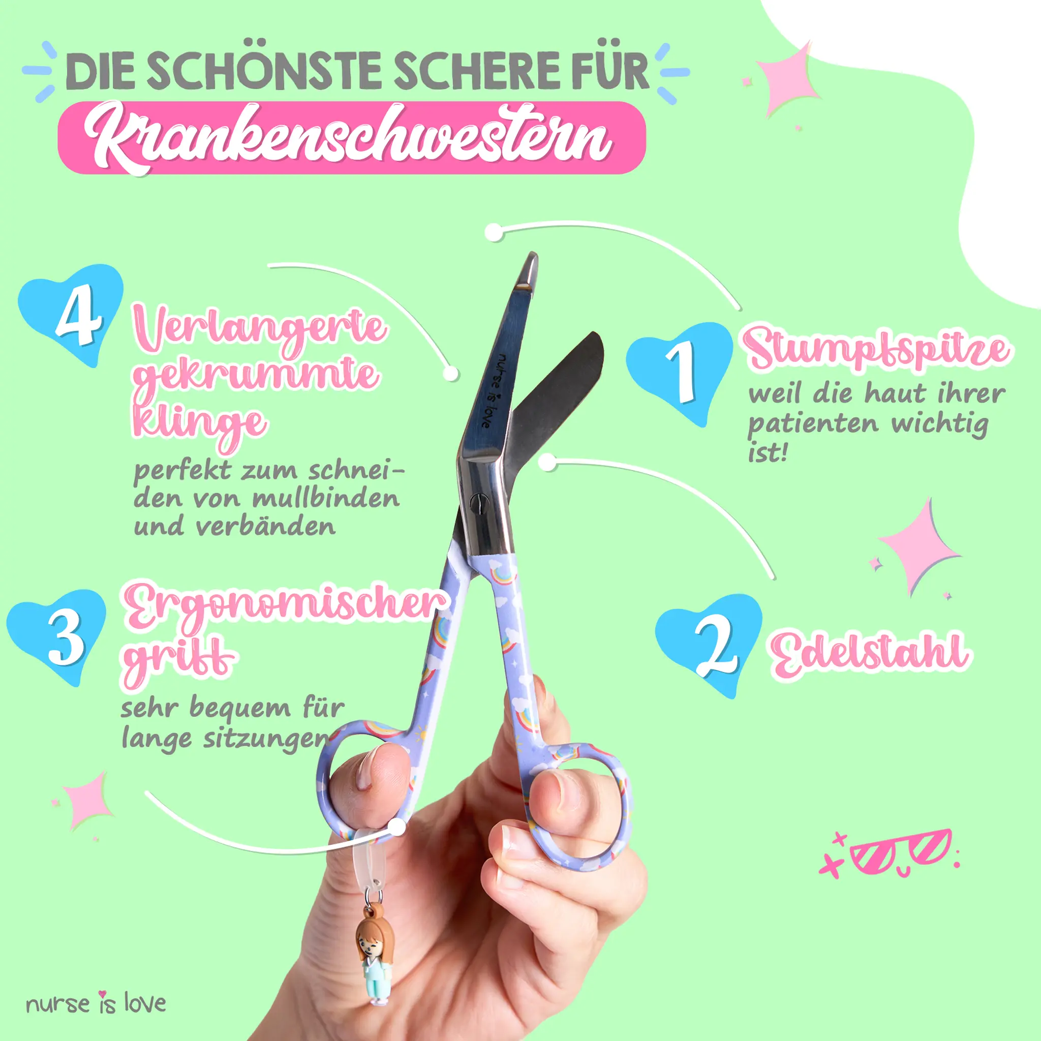 Pflege Schere Entenschnabel Regenbogen auf lila Hintergrund
