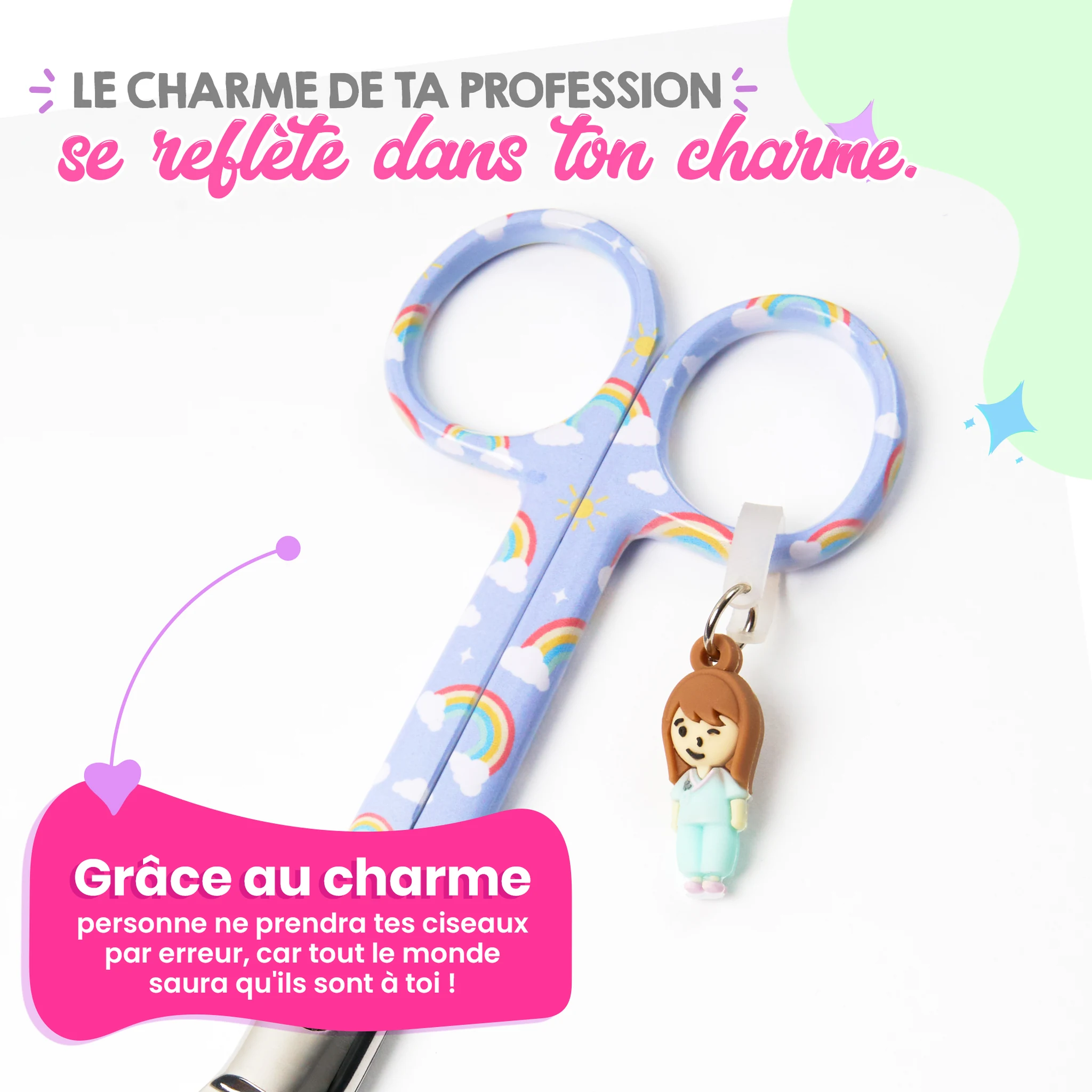 Ciseaux Infirmiers Bec de Canard Arc en Ciel fond Violet


