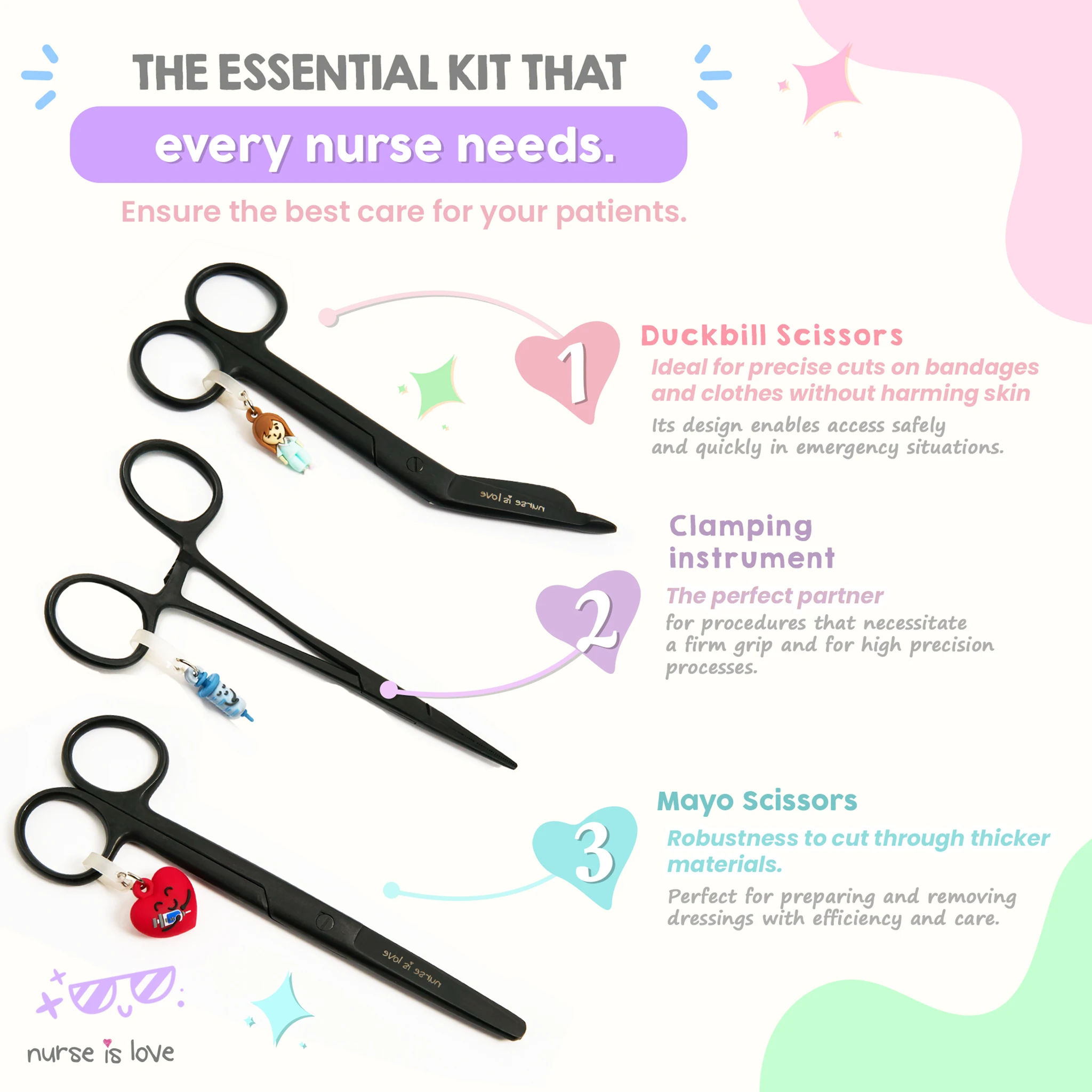 Black Nursing Scissors and Kocher Forceps Set