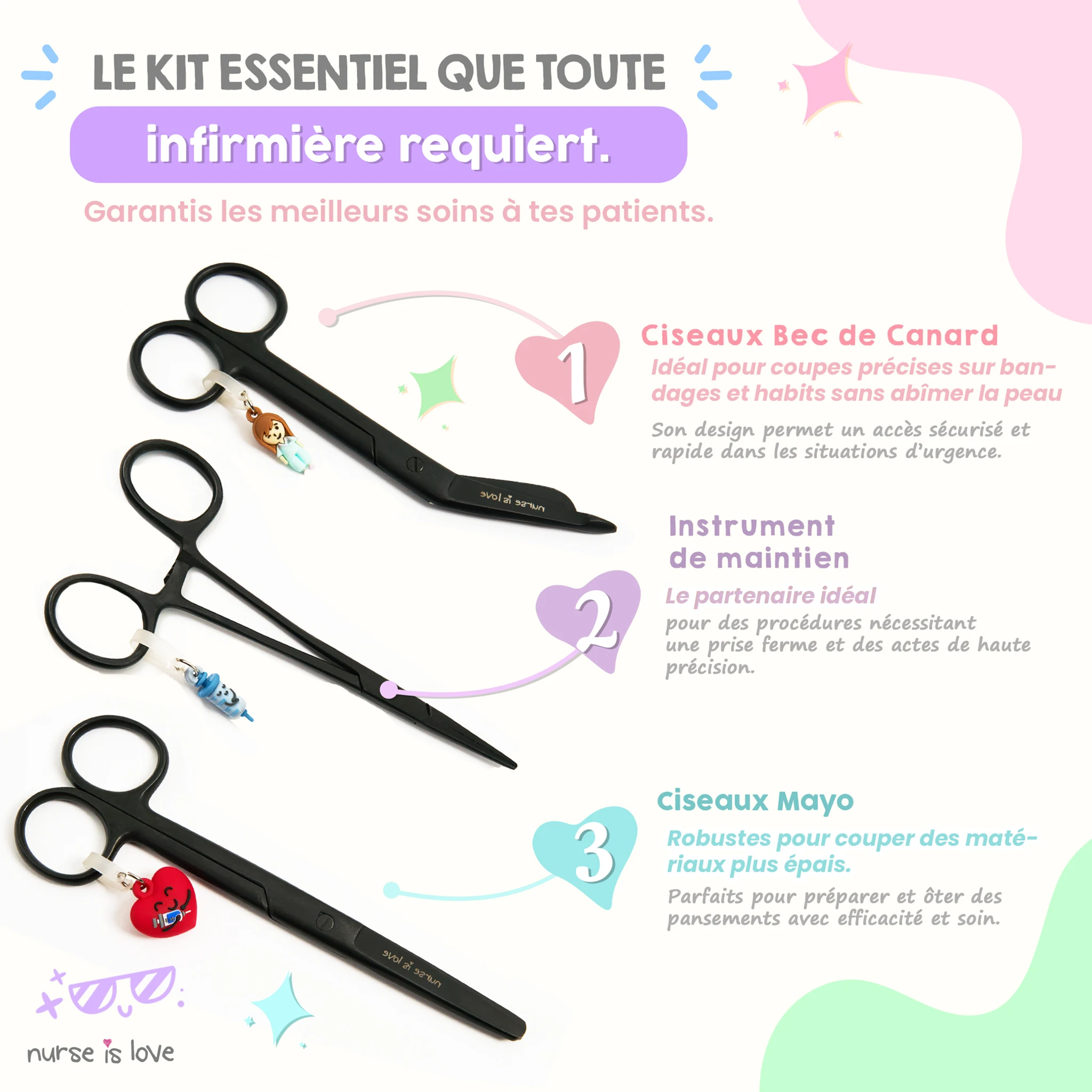 Set de Ciseaux Infirmiers et Pinces Kocher Noir