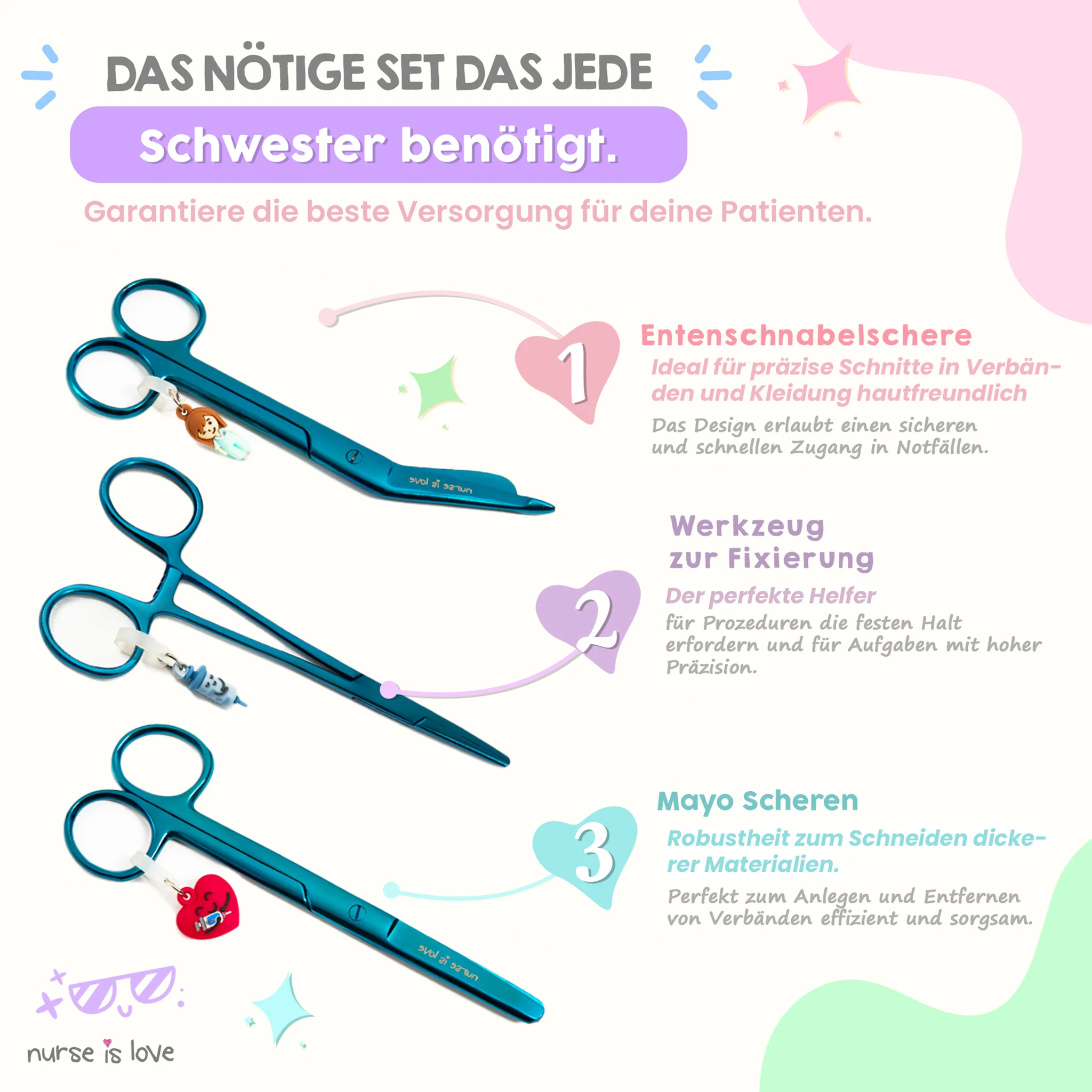 Set aus Pflege Scheren und Kocher Klemmen Chrom Blau