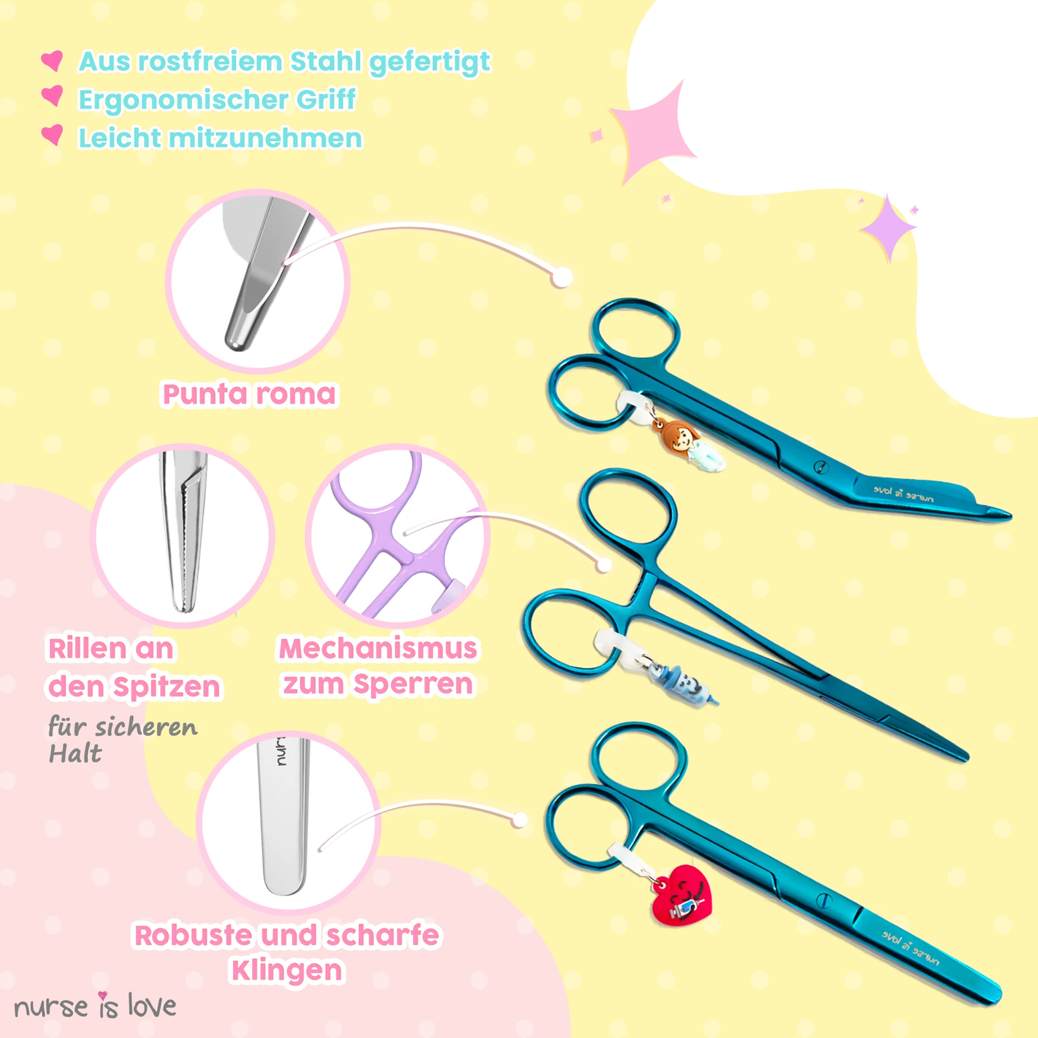 Set aus Pflege Scheren und Kocher Klemmen Chrom Blau