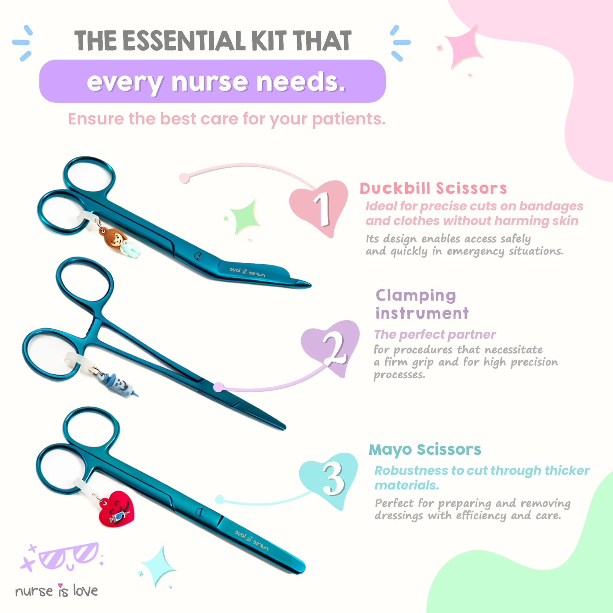 Blue Chromium Nursing Scissors and Kocher Forceps Set