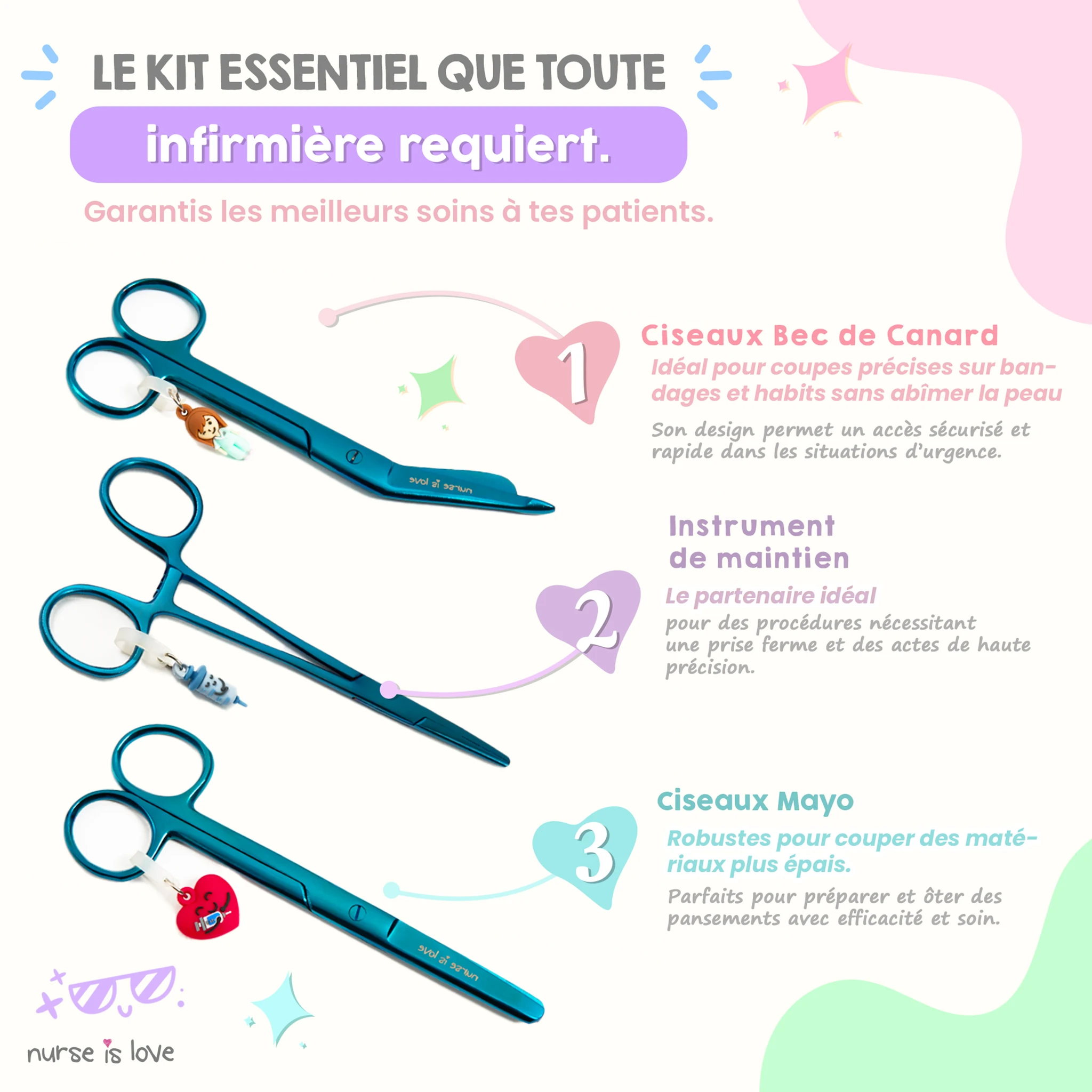 Set de Ciseaux Infirmiers et Pinces Kocher Chromium Bleu