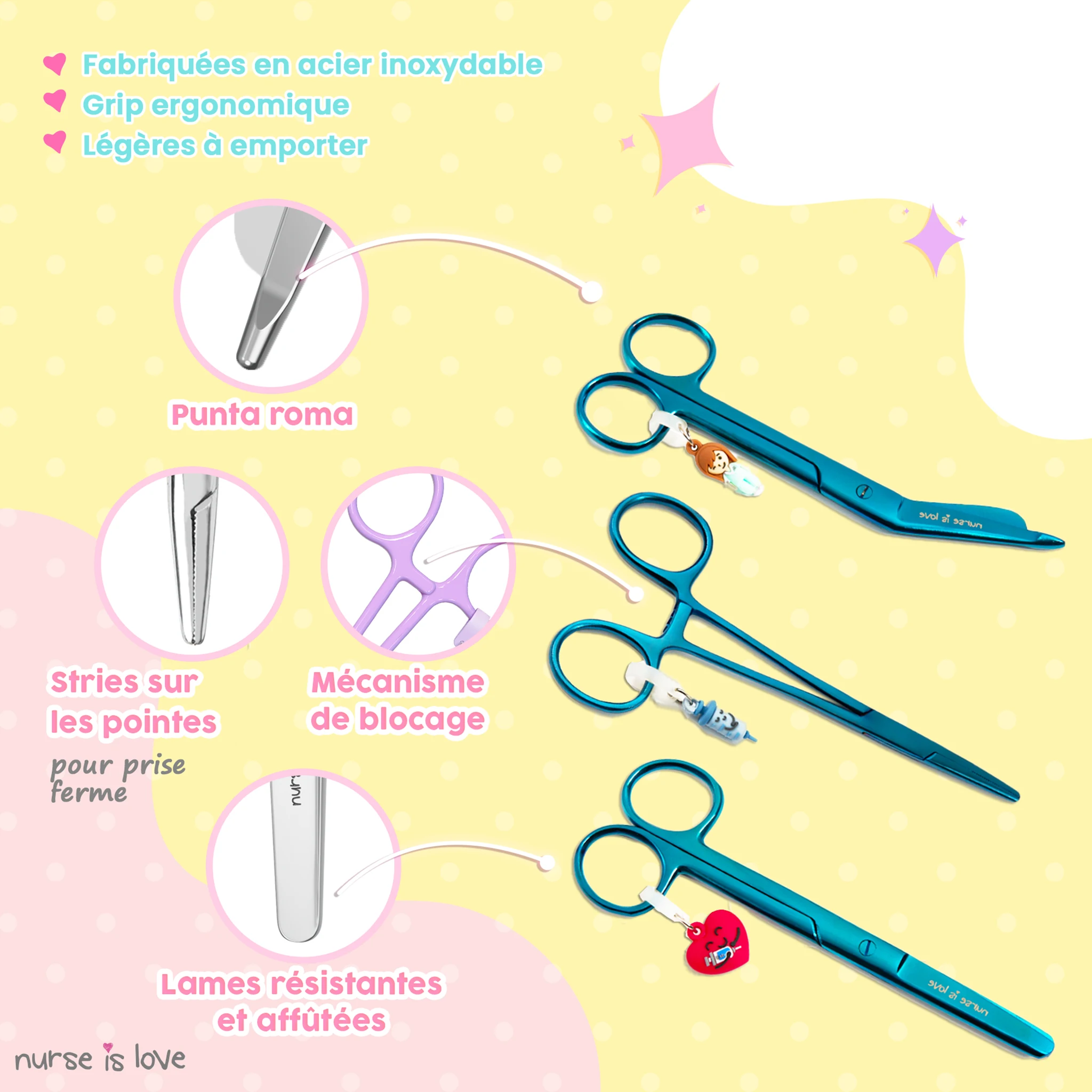 Set de Ciseaux Infirmiers et Pinces Kocher Chromium Bleu