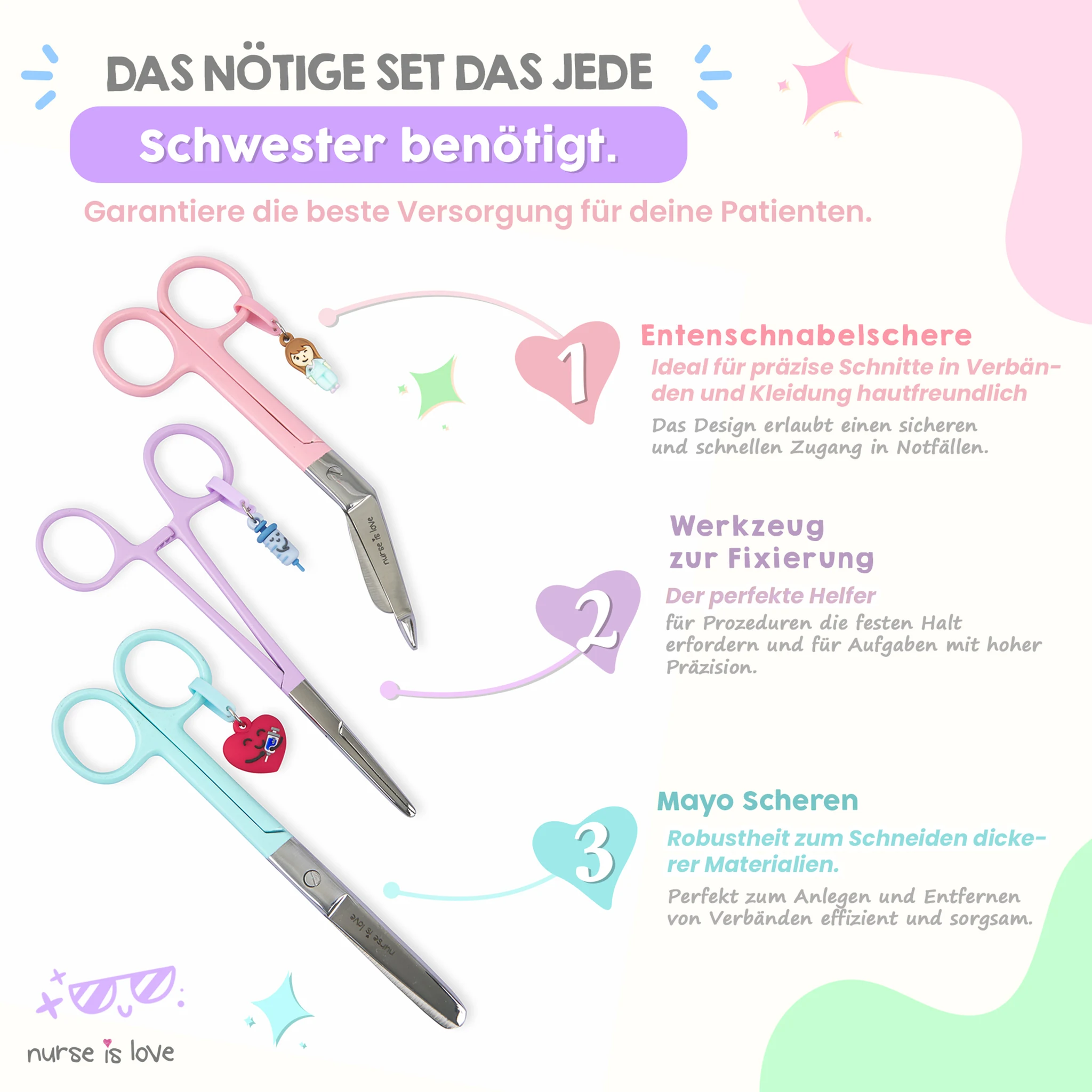 Set aus Scheren für die Krankenpflege und Kocher-Zangen