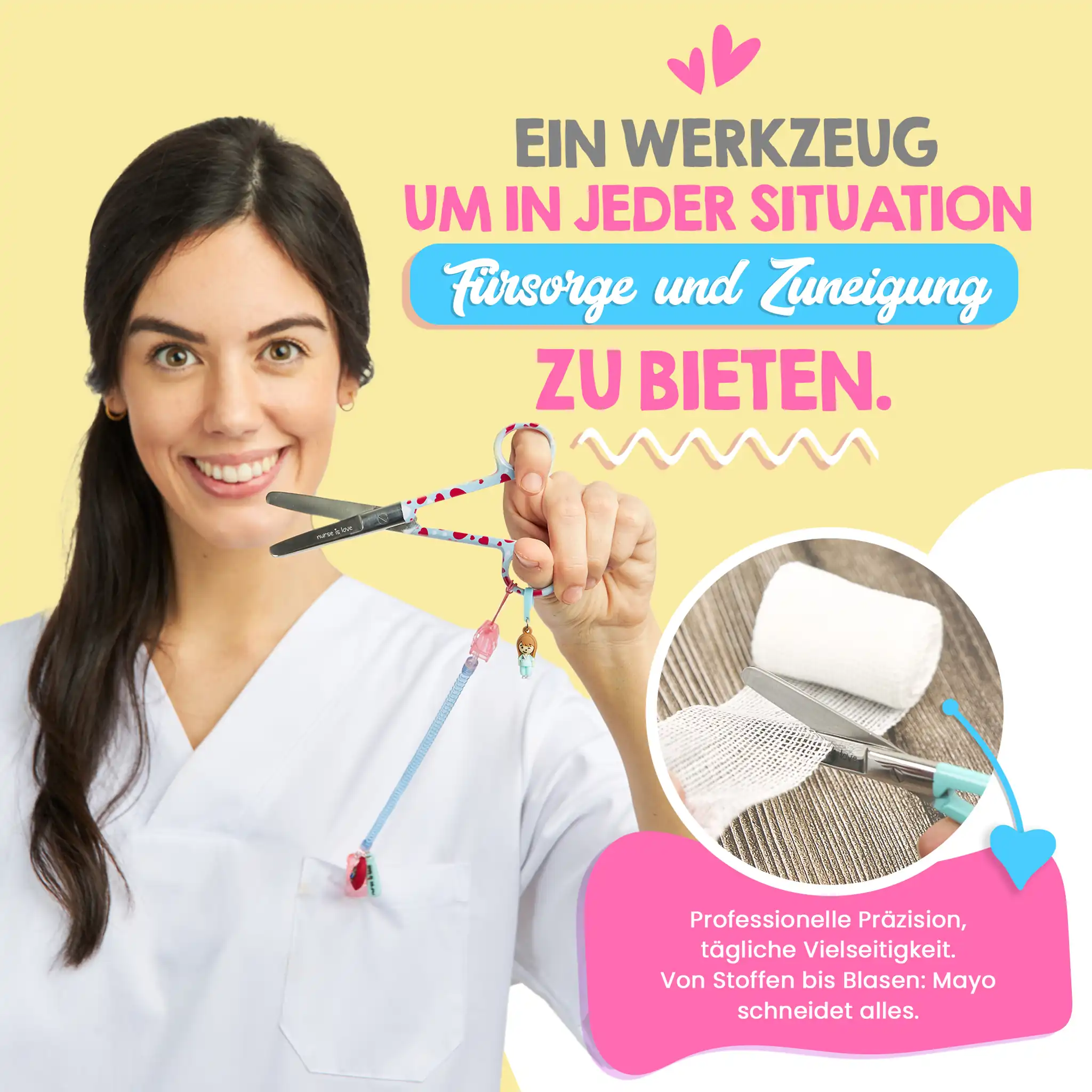 Mayo Pflege Scheren mit Herzen auf blauem Hintergrund