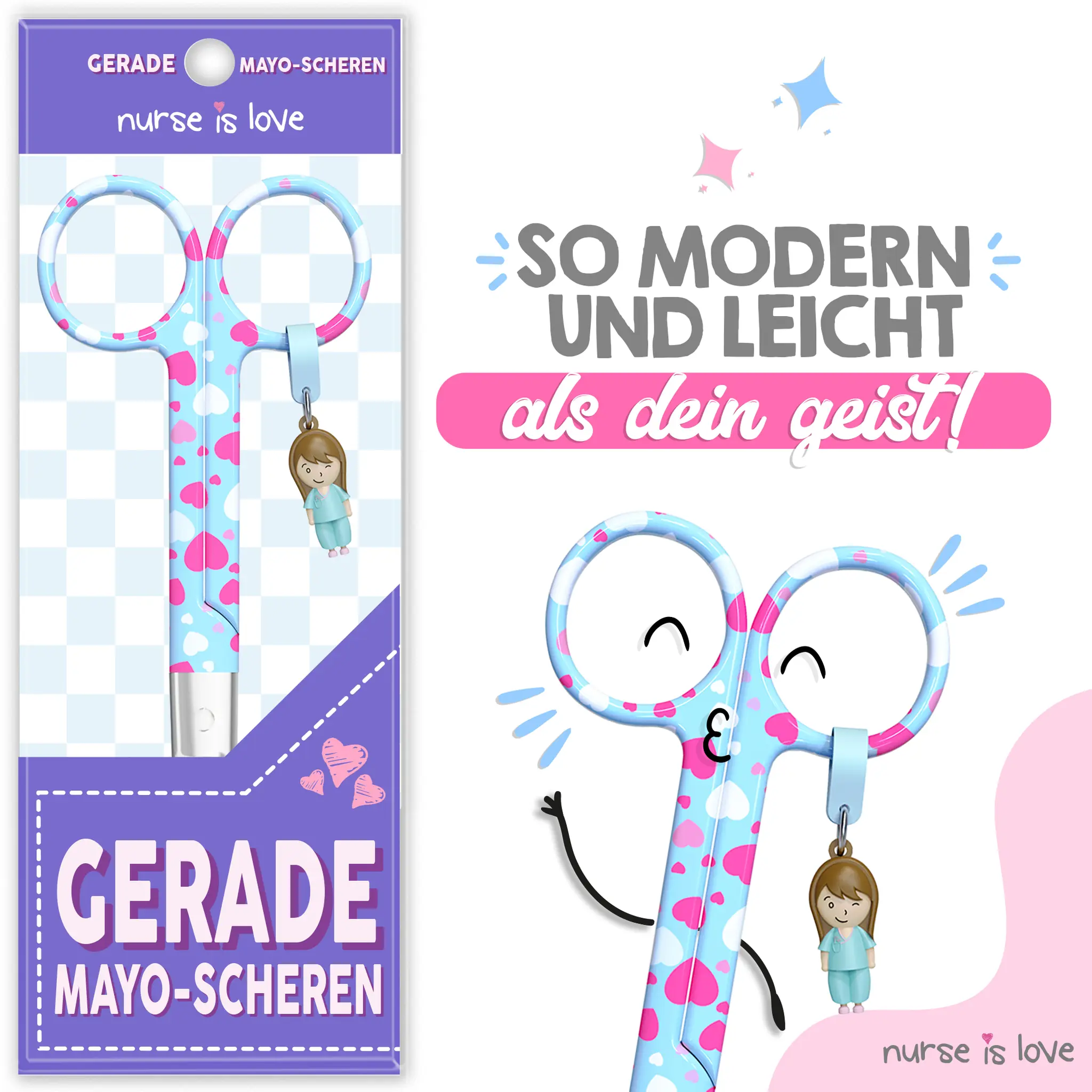 Mayo Pflege Scheren mit Herzen auf blauem Hintergrund