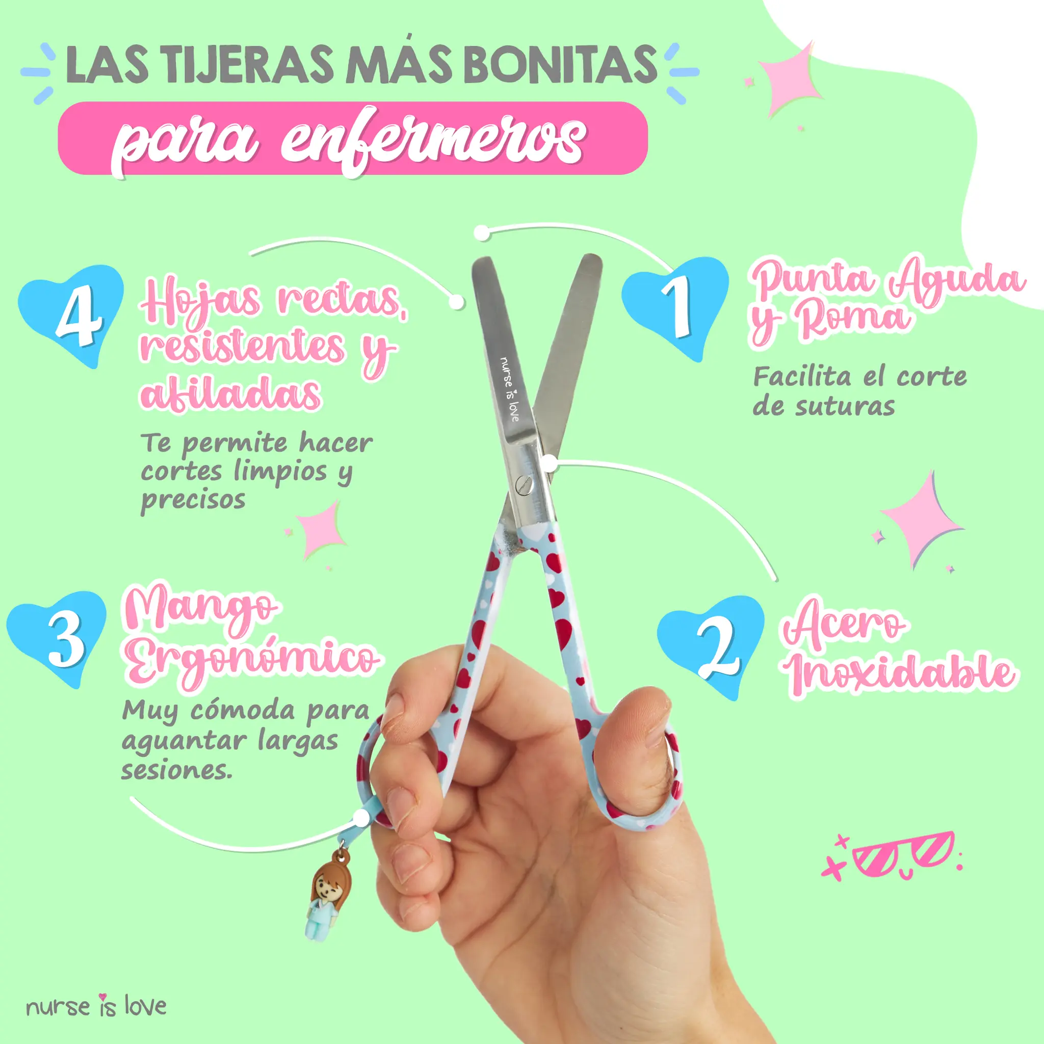 Tijeras Enfermería Mayo corazones fondo azul
