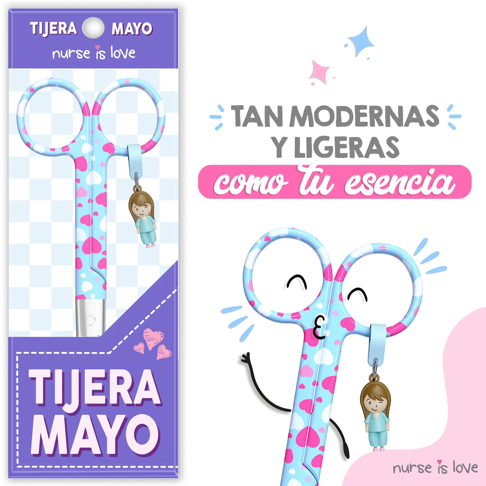 Tijeras Enfermería Mayo corazones fondo azul