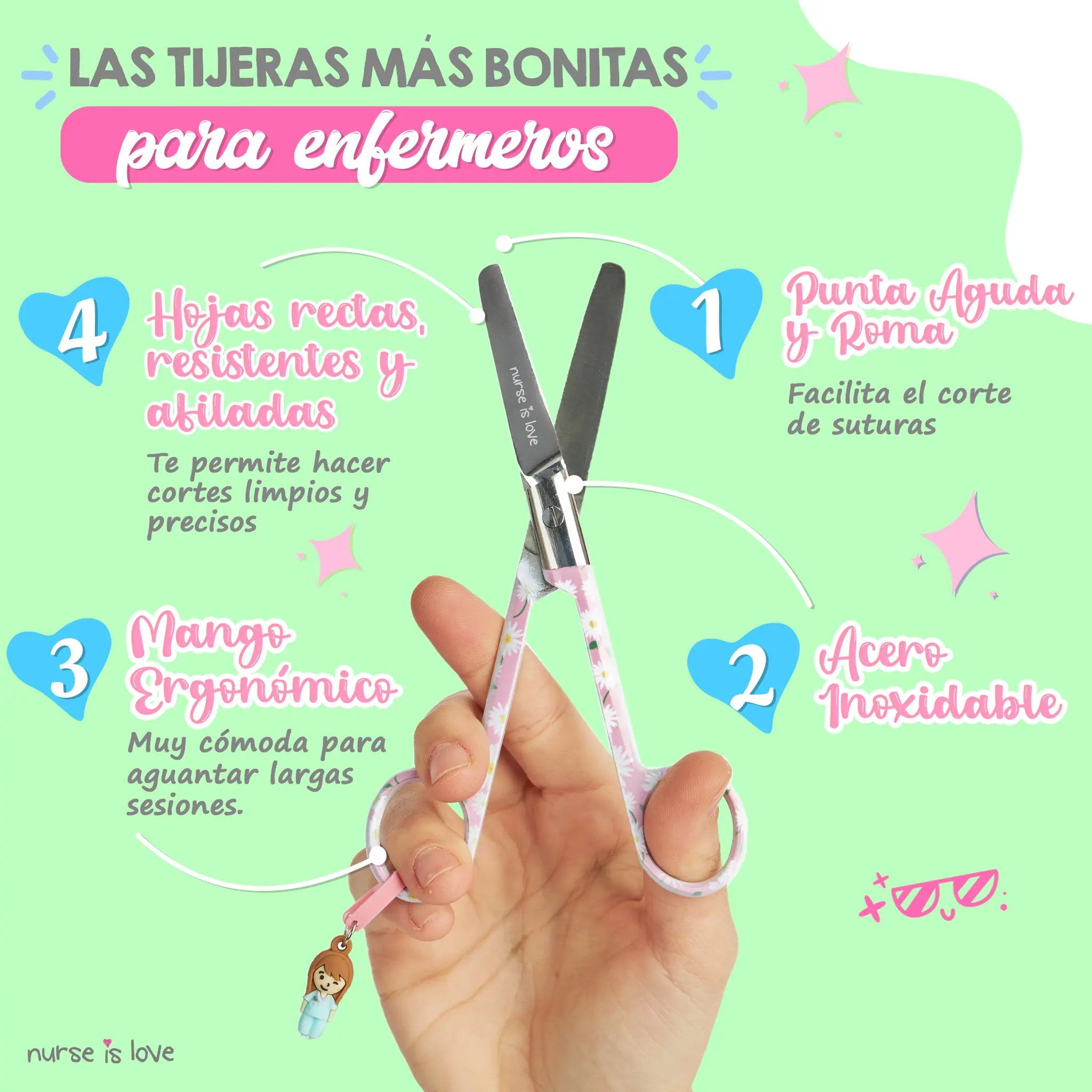 Tijeras Enfermería Mayo margaritas fondo rosa