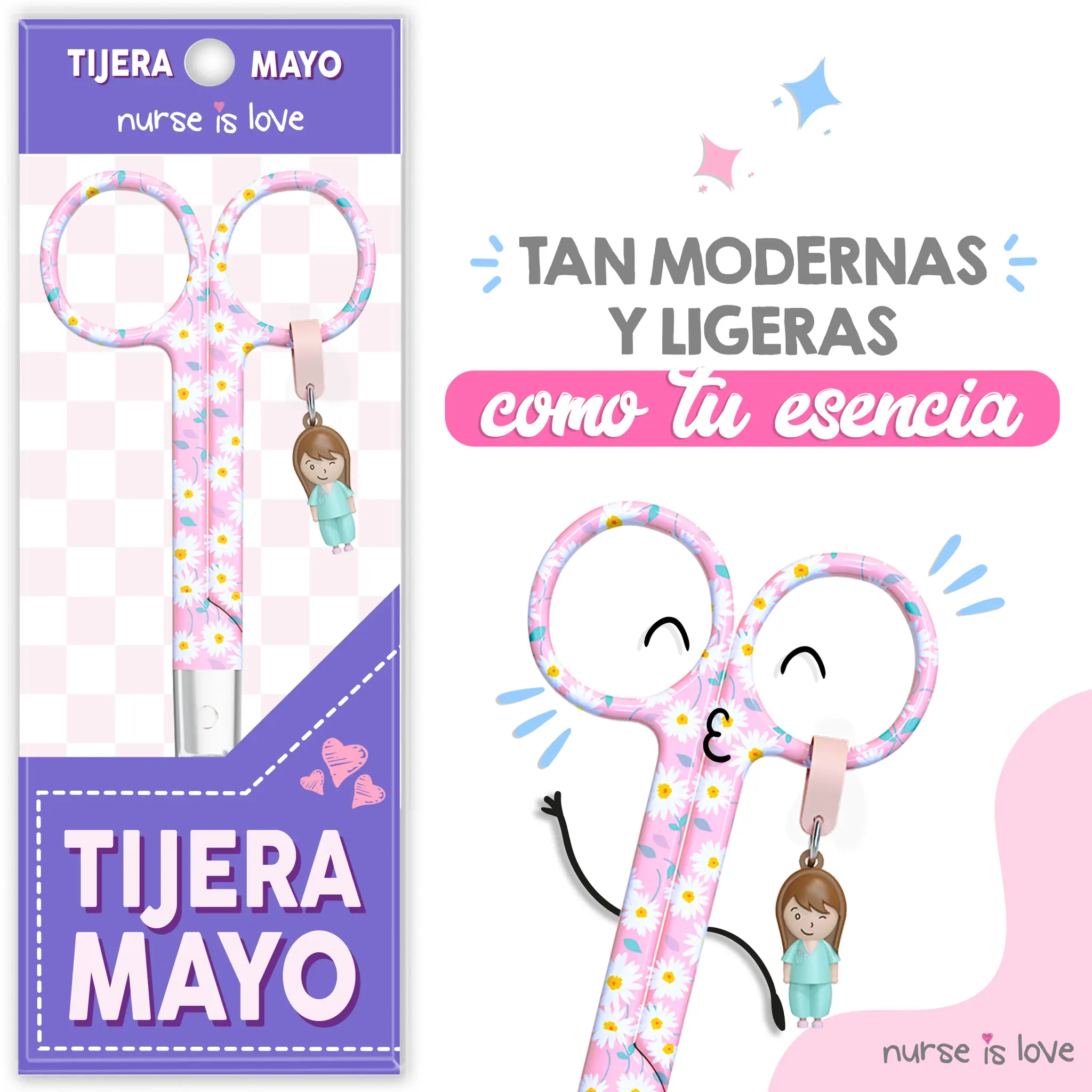 Tijeras Enfermería Mayo margaritas fondo rosa