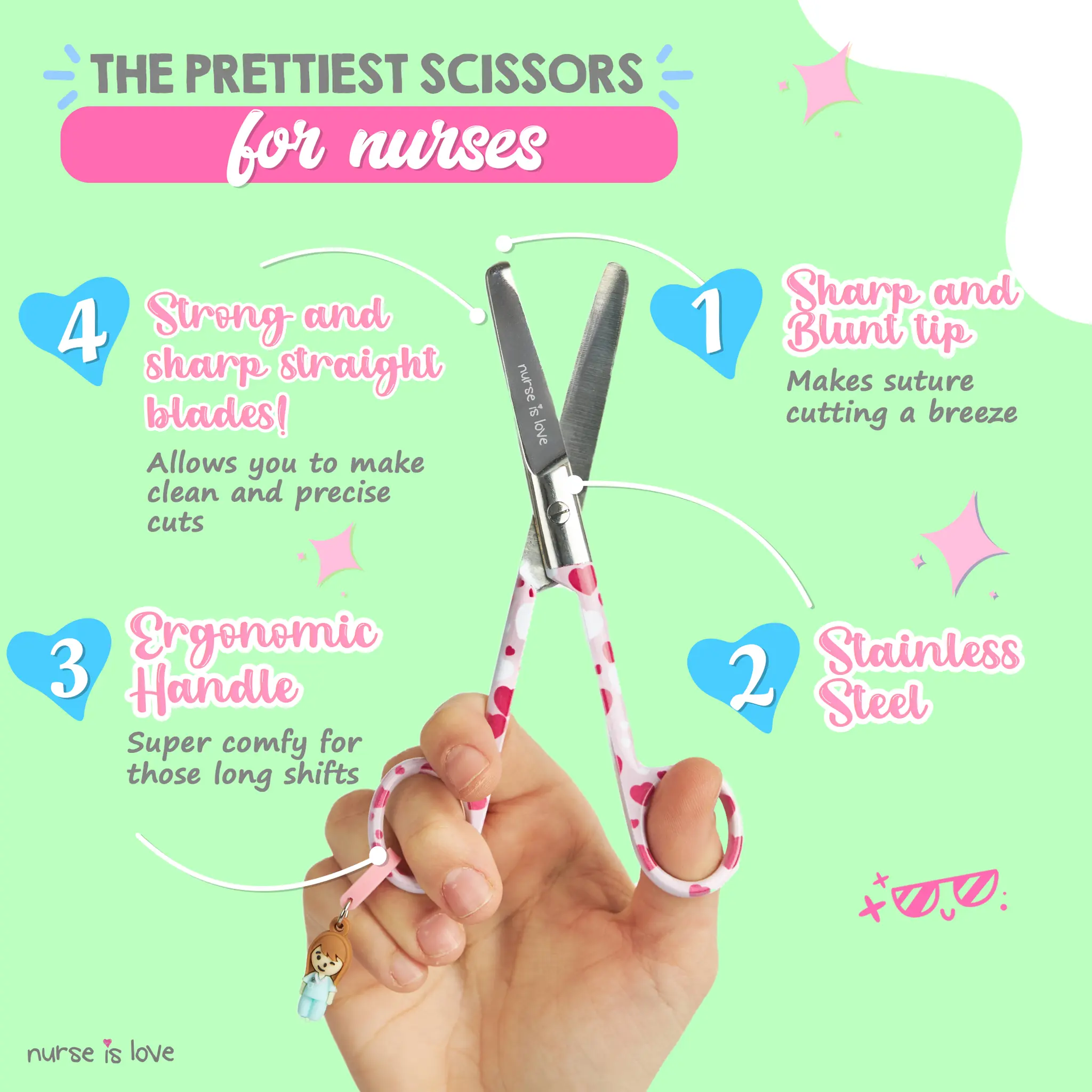 Tesoura de Enfermagem Mayo Corações Fundo Rosa