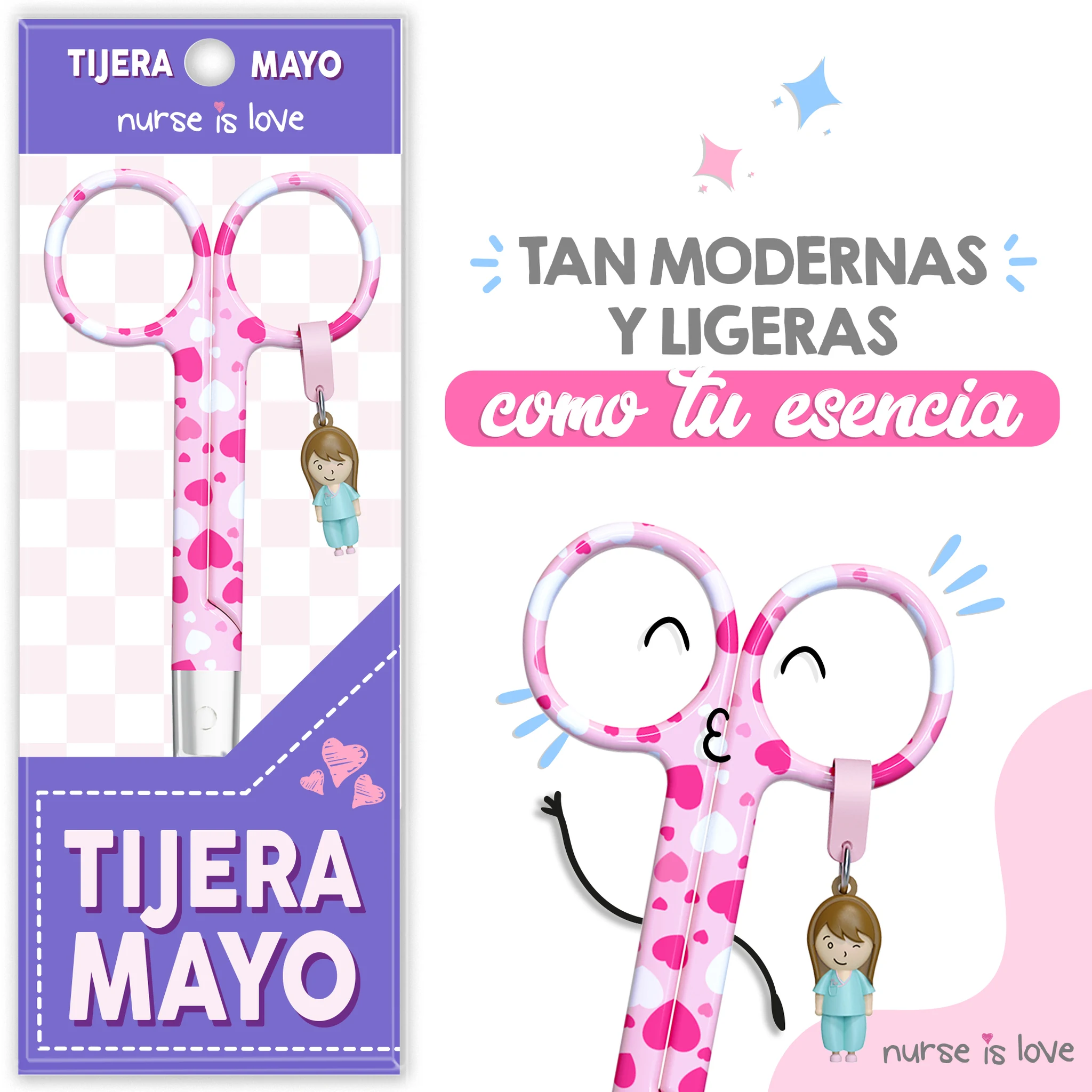 Tijeras Enfermería Mayo corazones fondo rosa