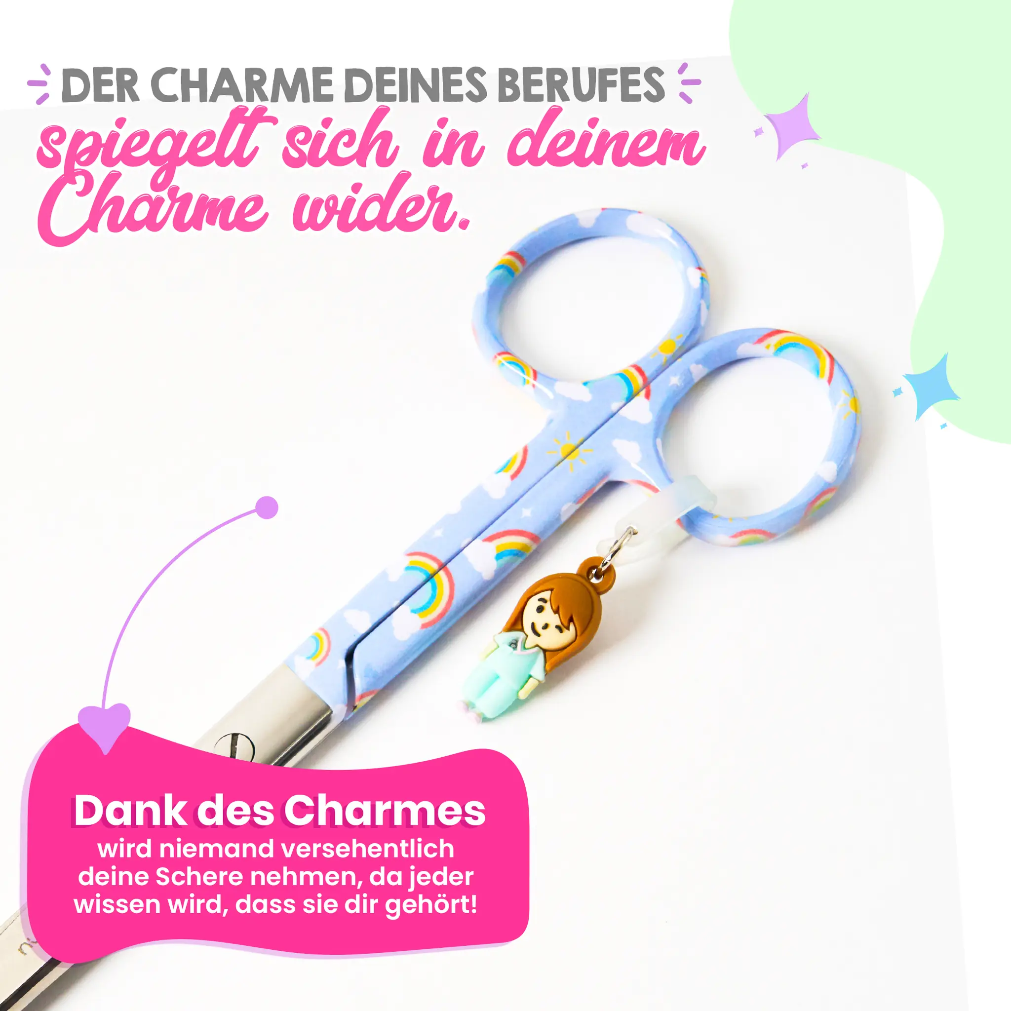 Pflege Schere Mayo Regenbogen auf lila Hintergrund