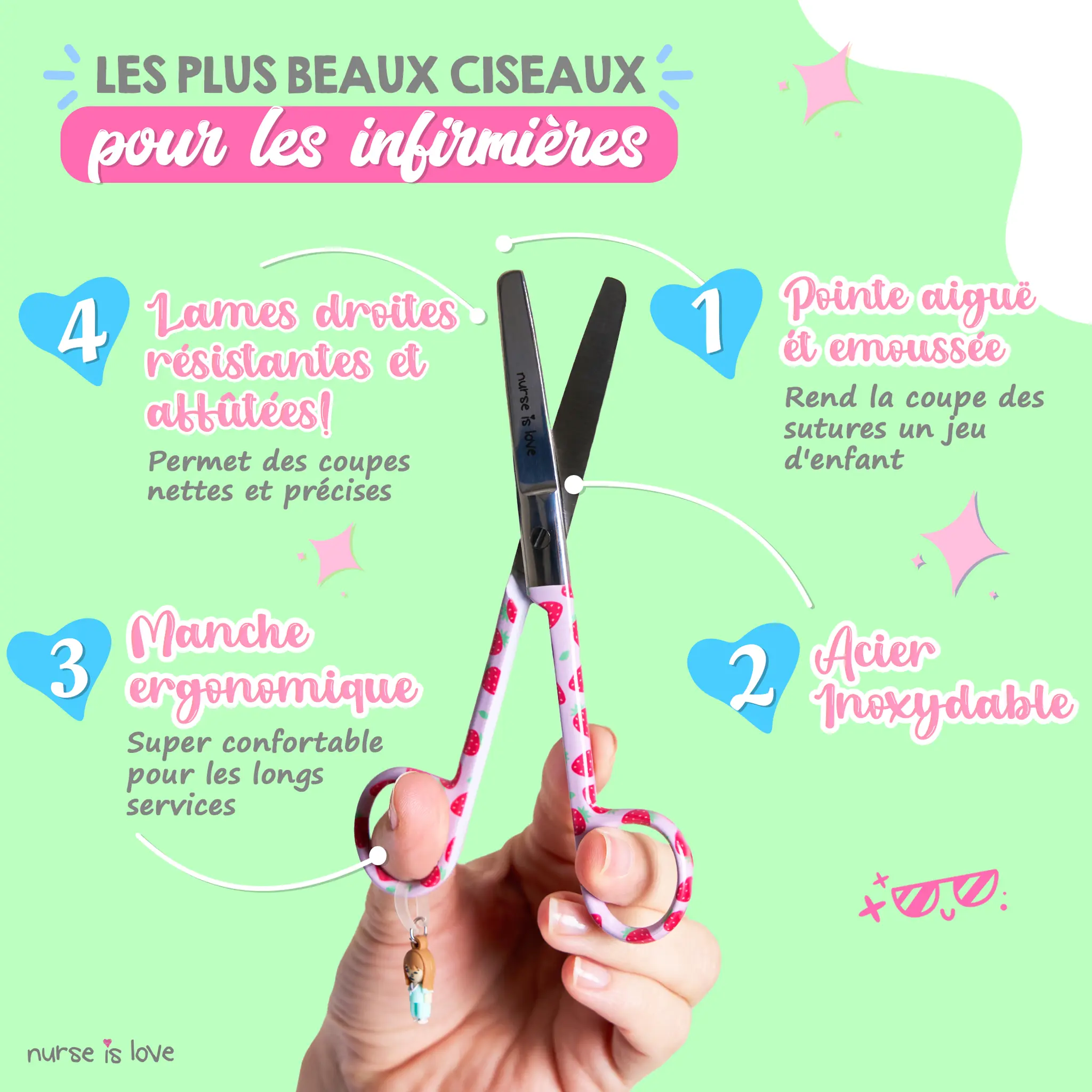 Ciseaux Infirmiers Mayo Fraises Fond Rose
