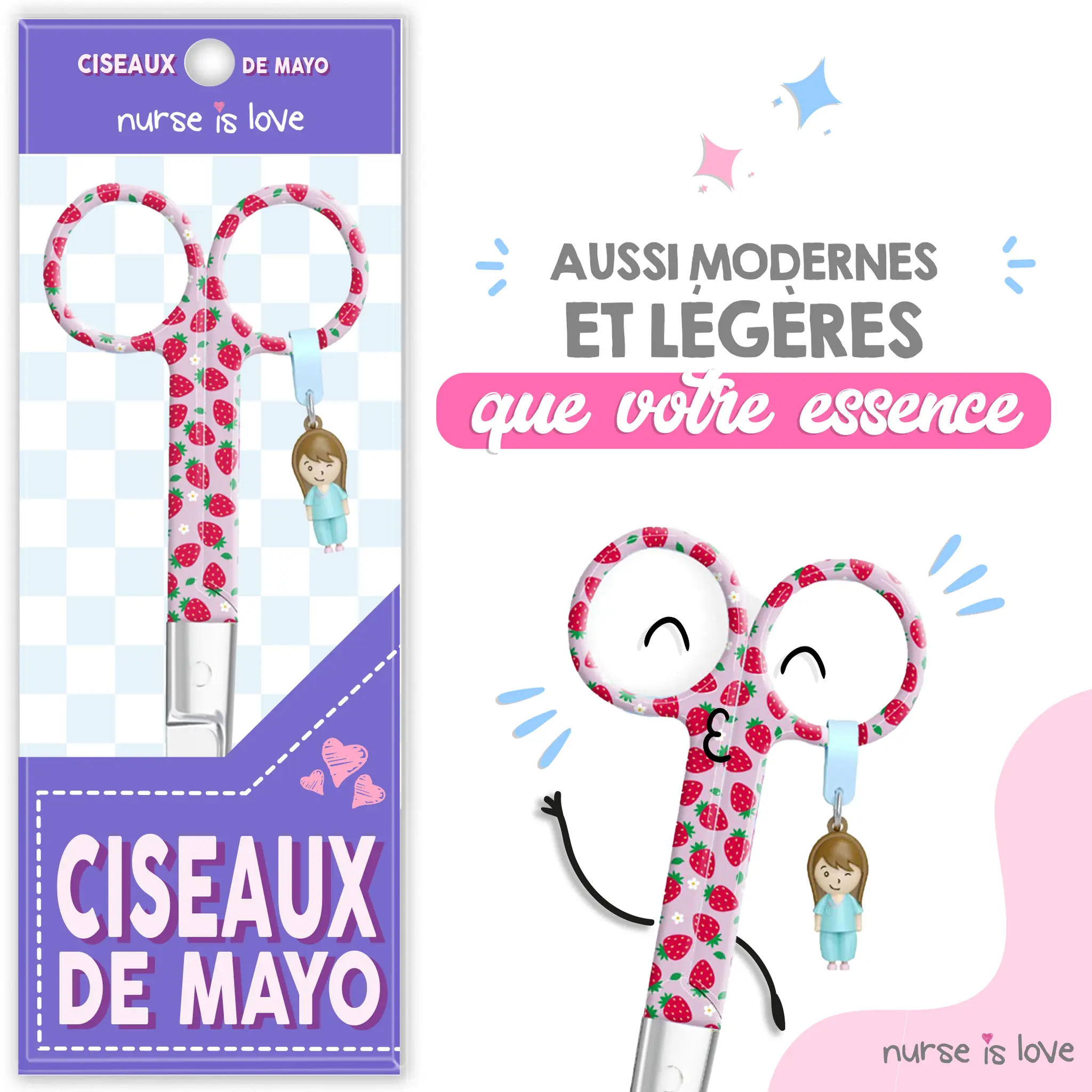 Ciseaux Infirmiers Mayo Fraises Fond Rose