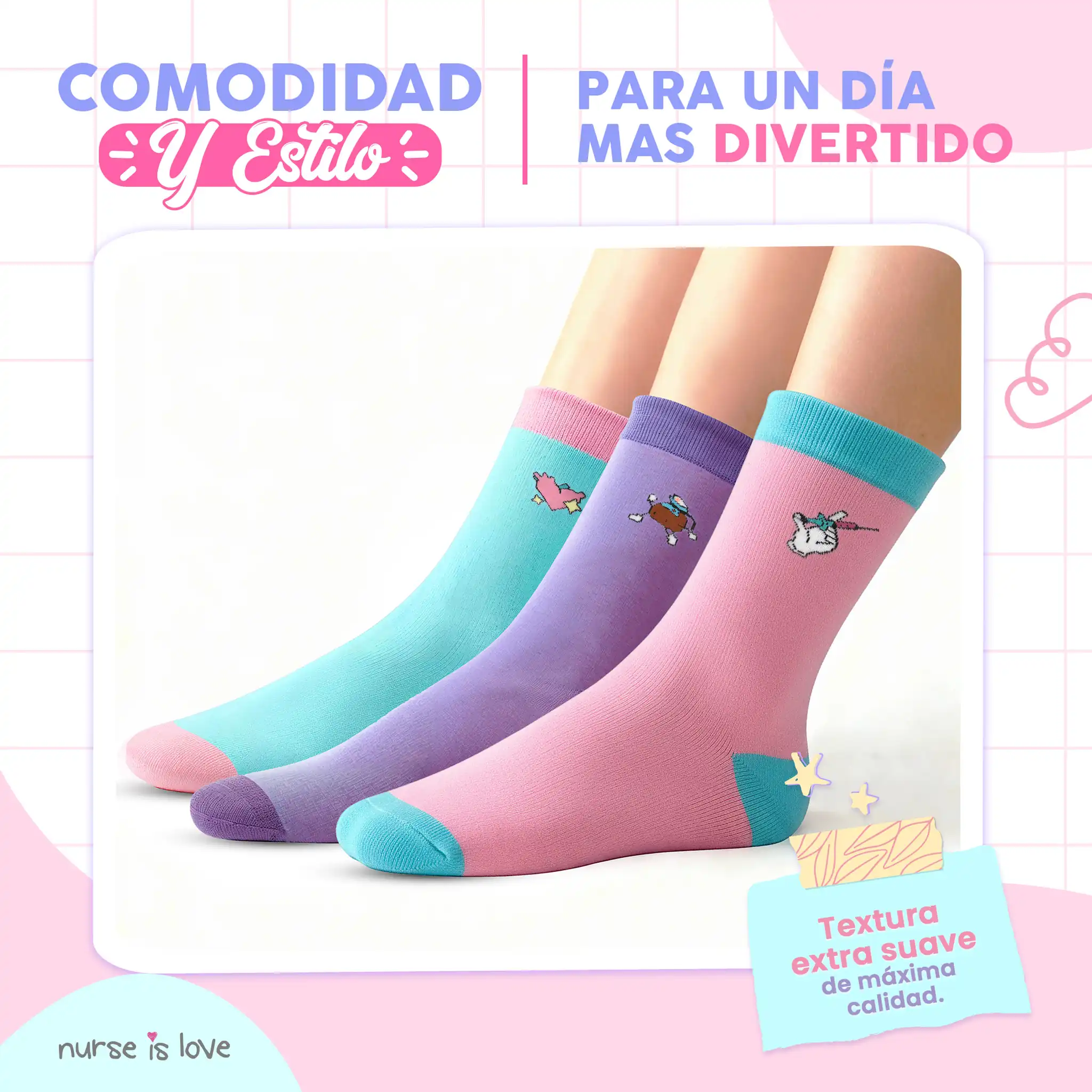 Calcetines Altos para Enfermeras con Dibujos (Set de 3)