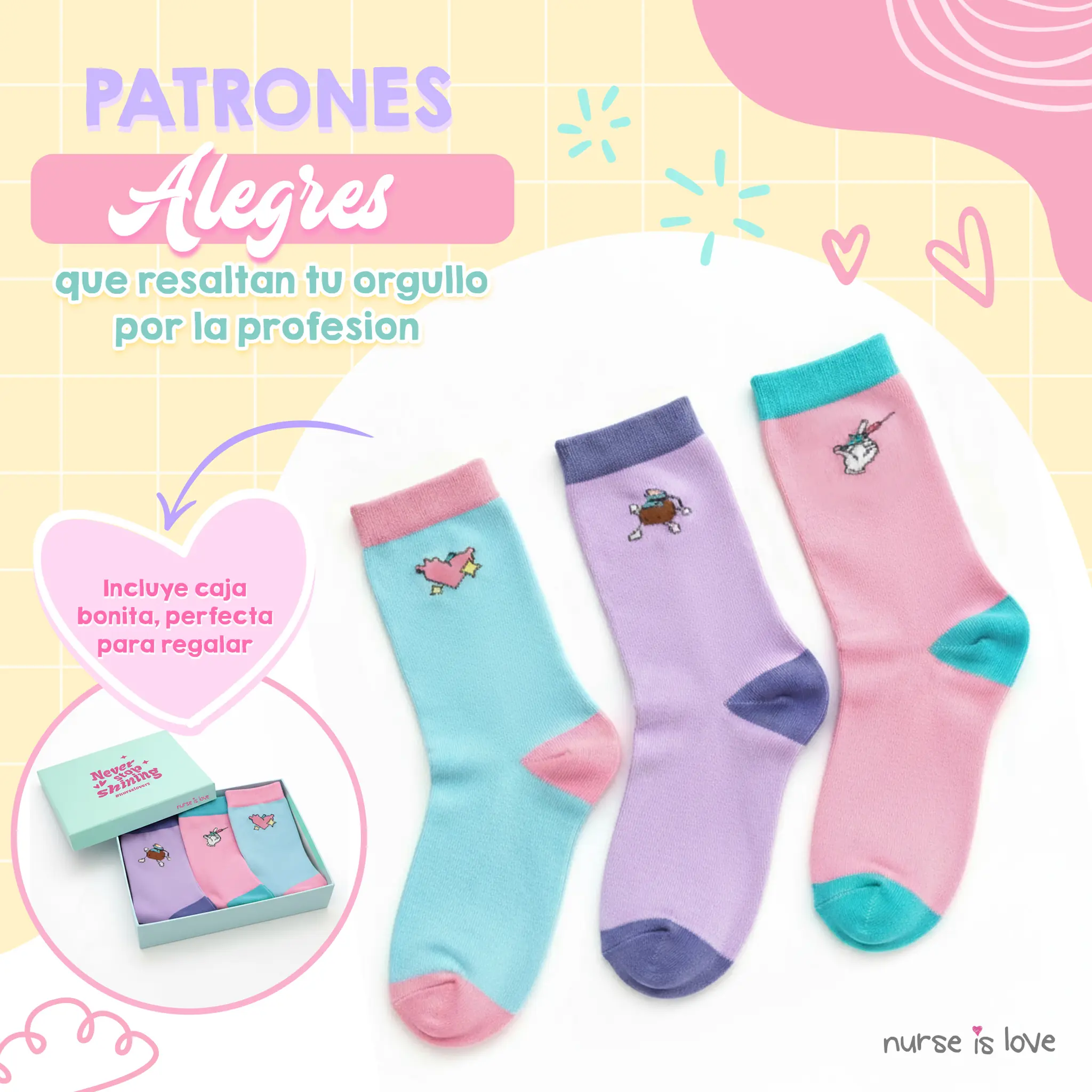 Calcetines Altos para Enfermeras con Dibujos (Set de 3)