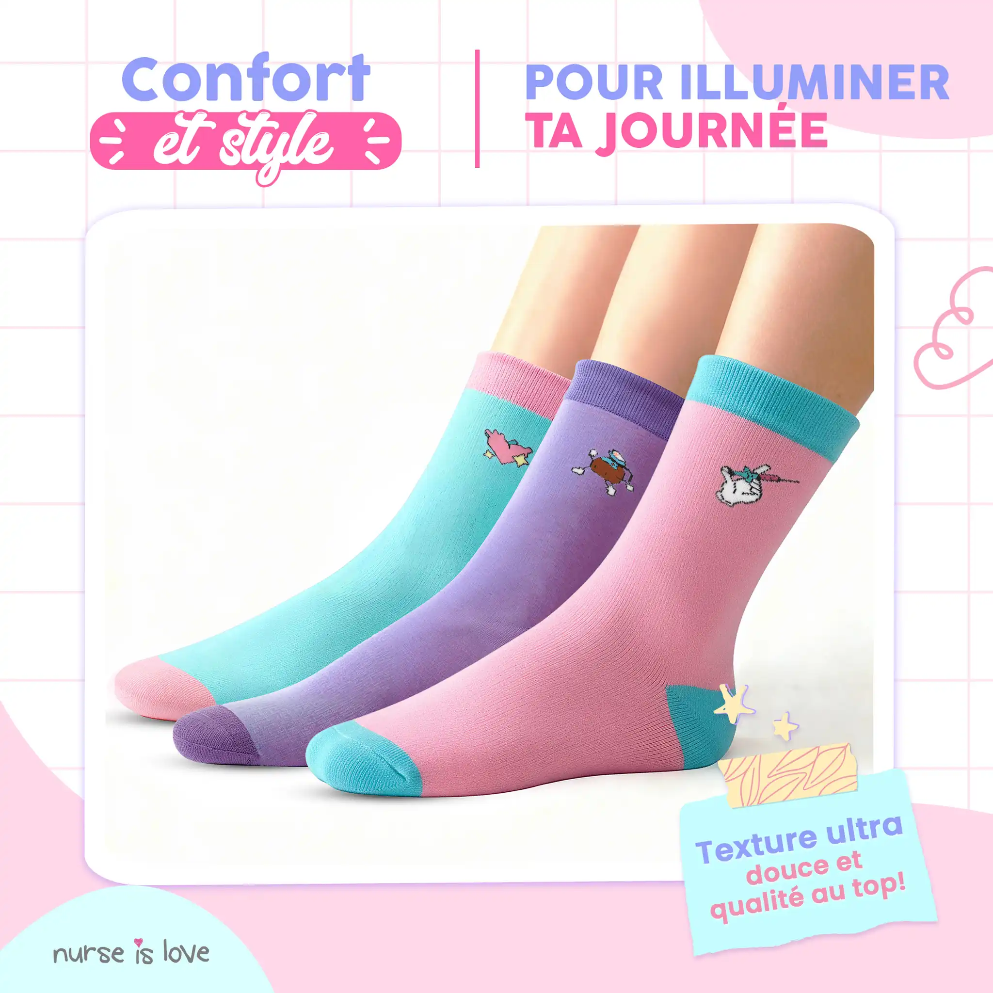 Chaussettes hautes pour infirmières à motifs (Lot de 3)