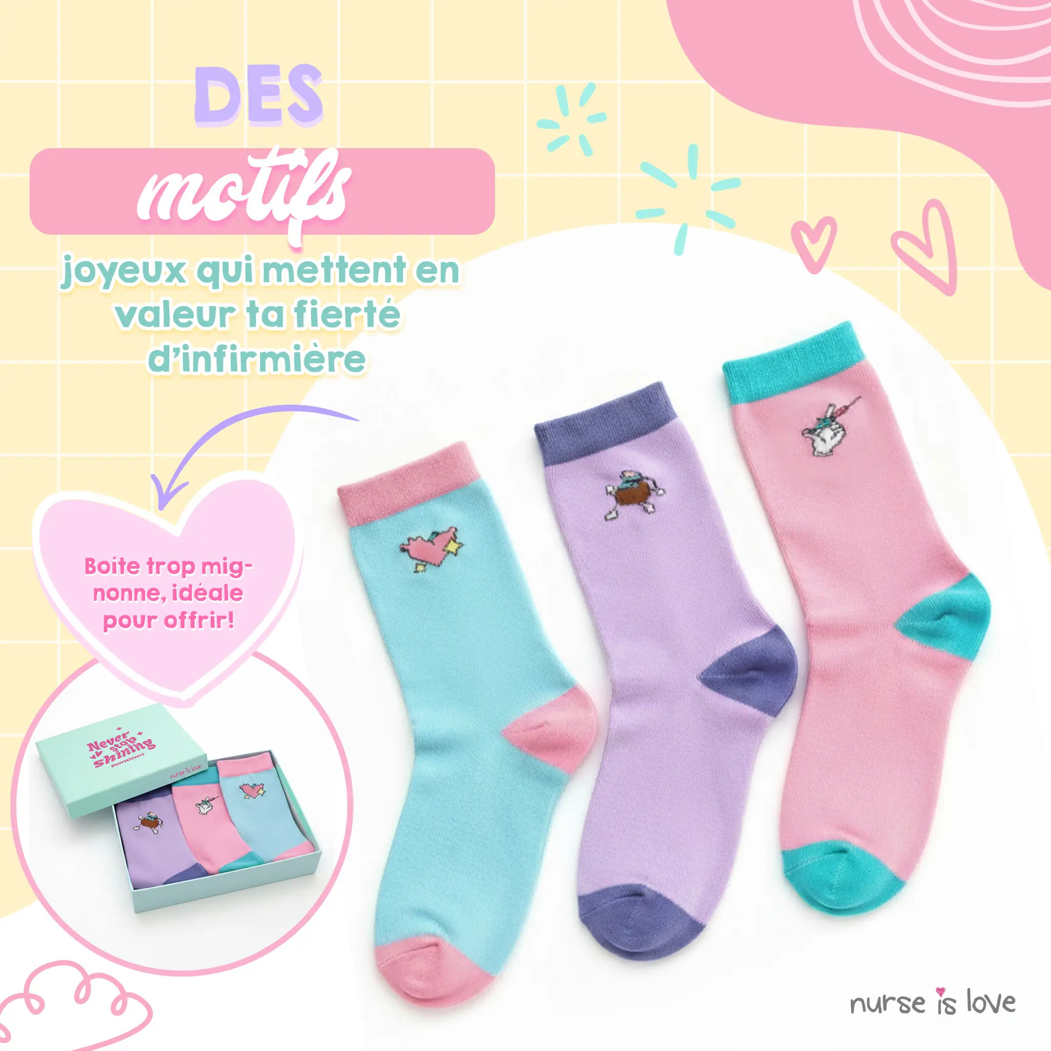 Chaussettes hautes pour infirmières à motifs (Lot de 3)