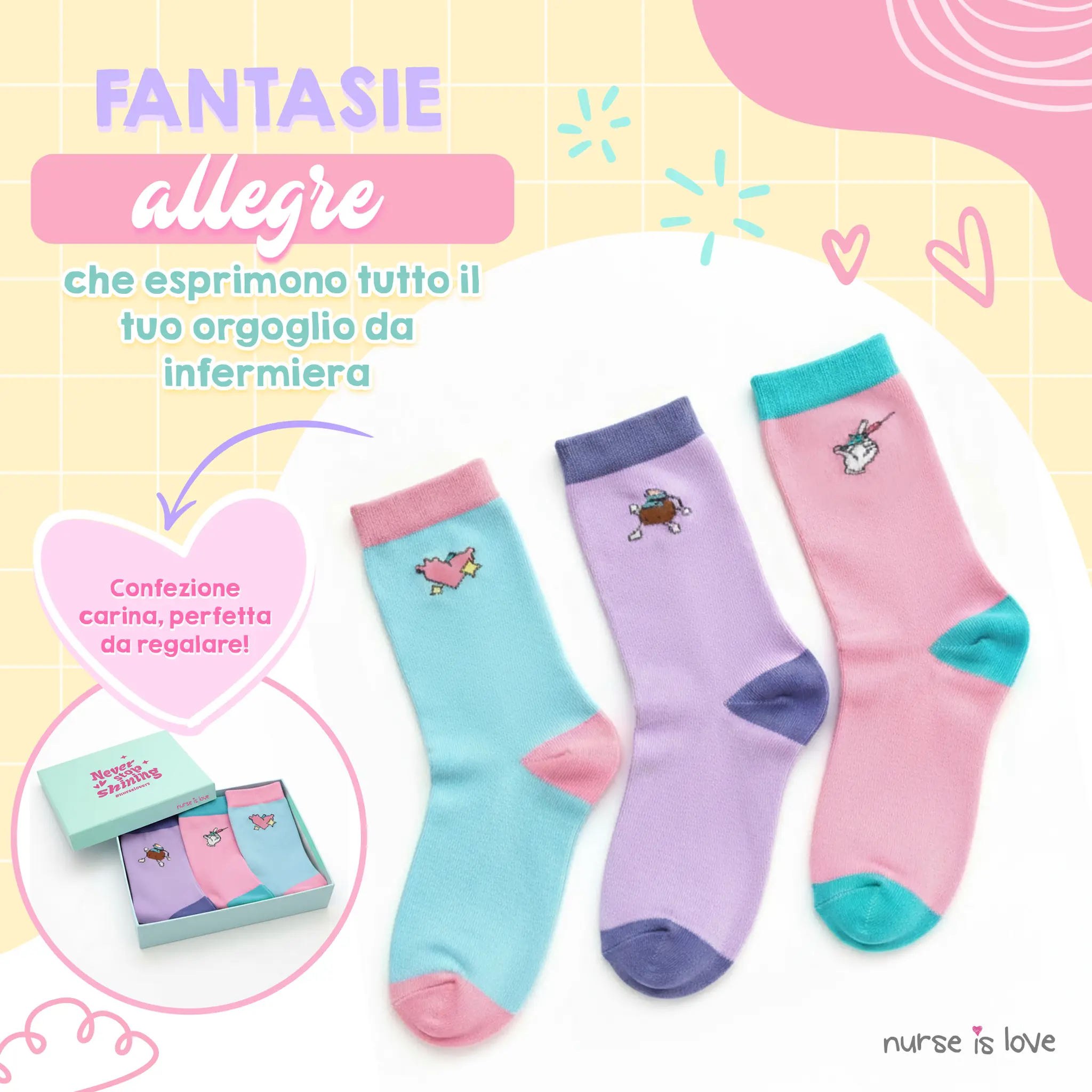 Calze Alte per Infermiere con Disegni (Set da 3)