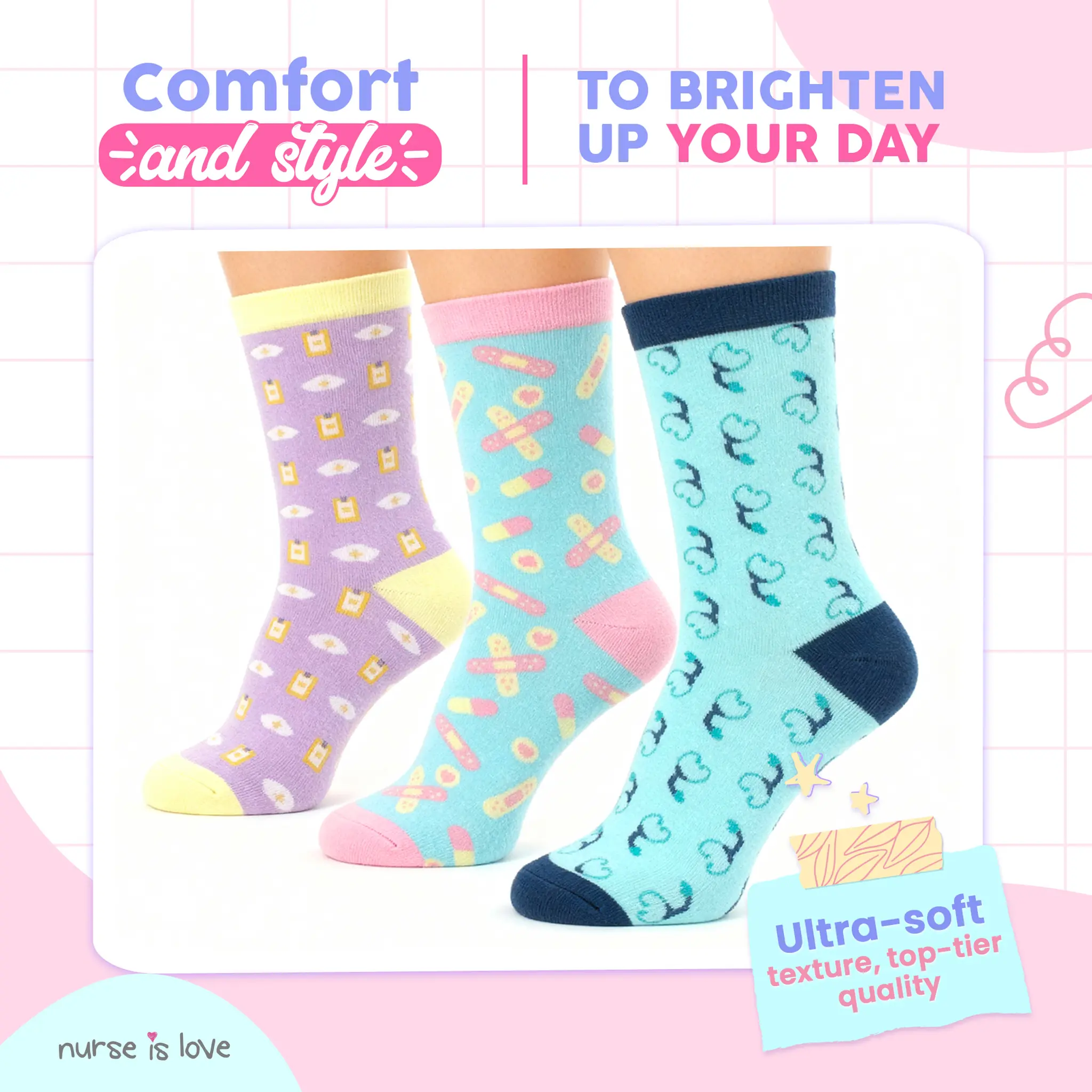 Patterned Knee-High Socks for Nurses (Set of 3)