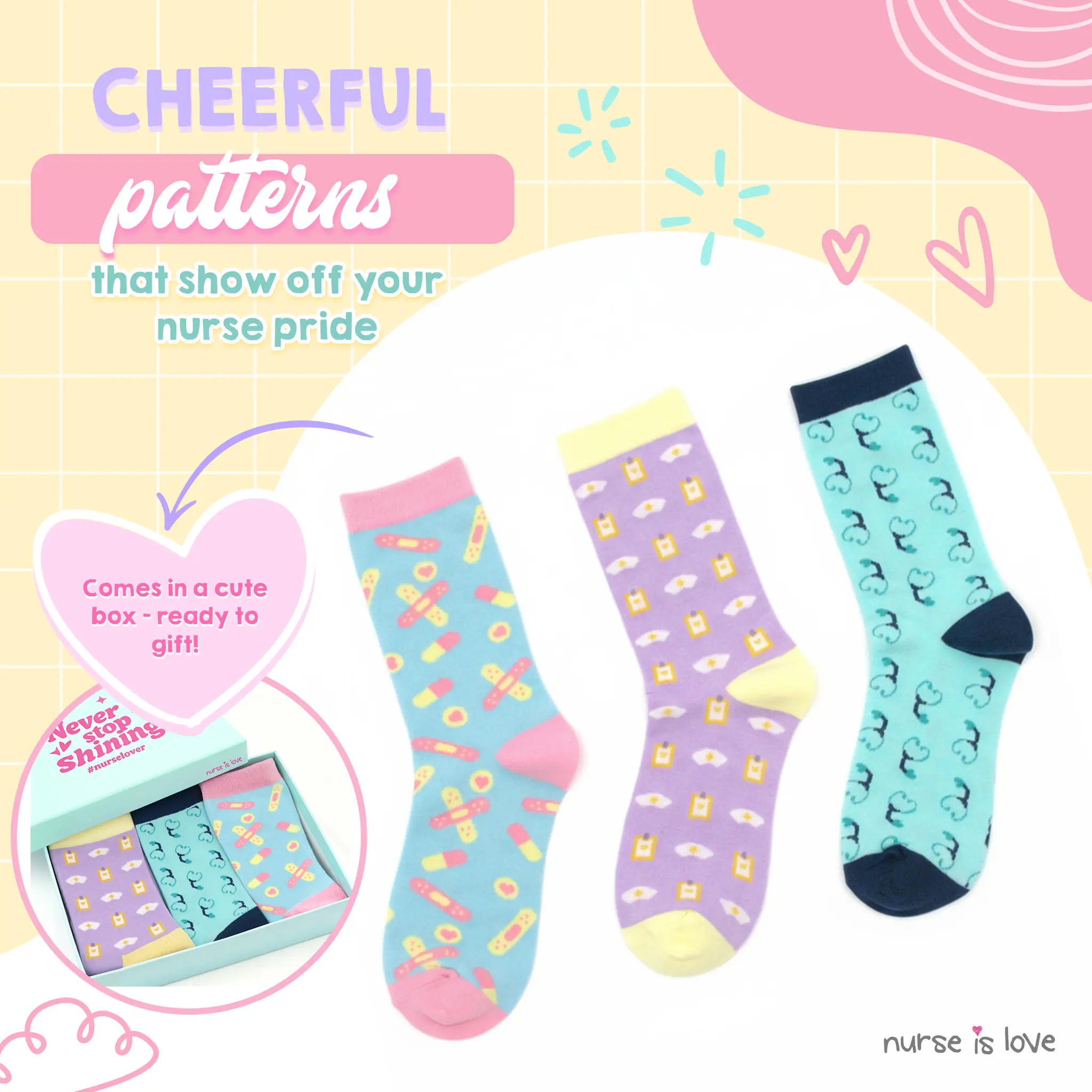 Patterned Knee-High Socks for Nurses (Set of 3)