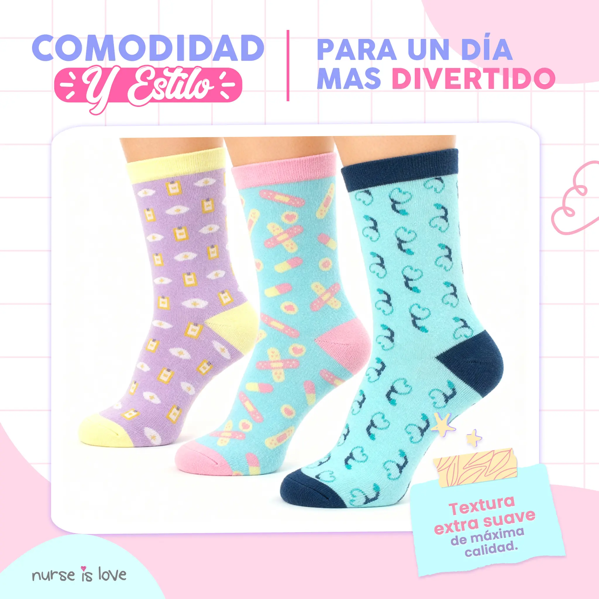 Calcetines Altos para Enfermeras con Patrones (Set de 3)