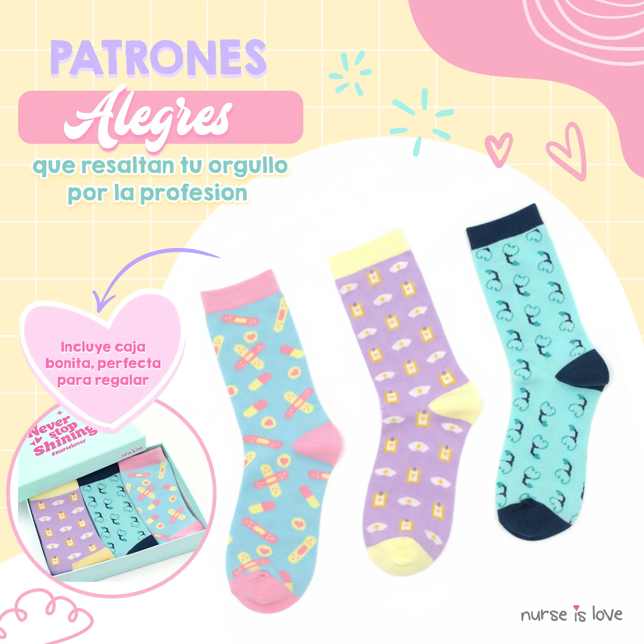 Calcetines Altos para Enfermeras con Patrones (Set de 3)
