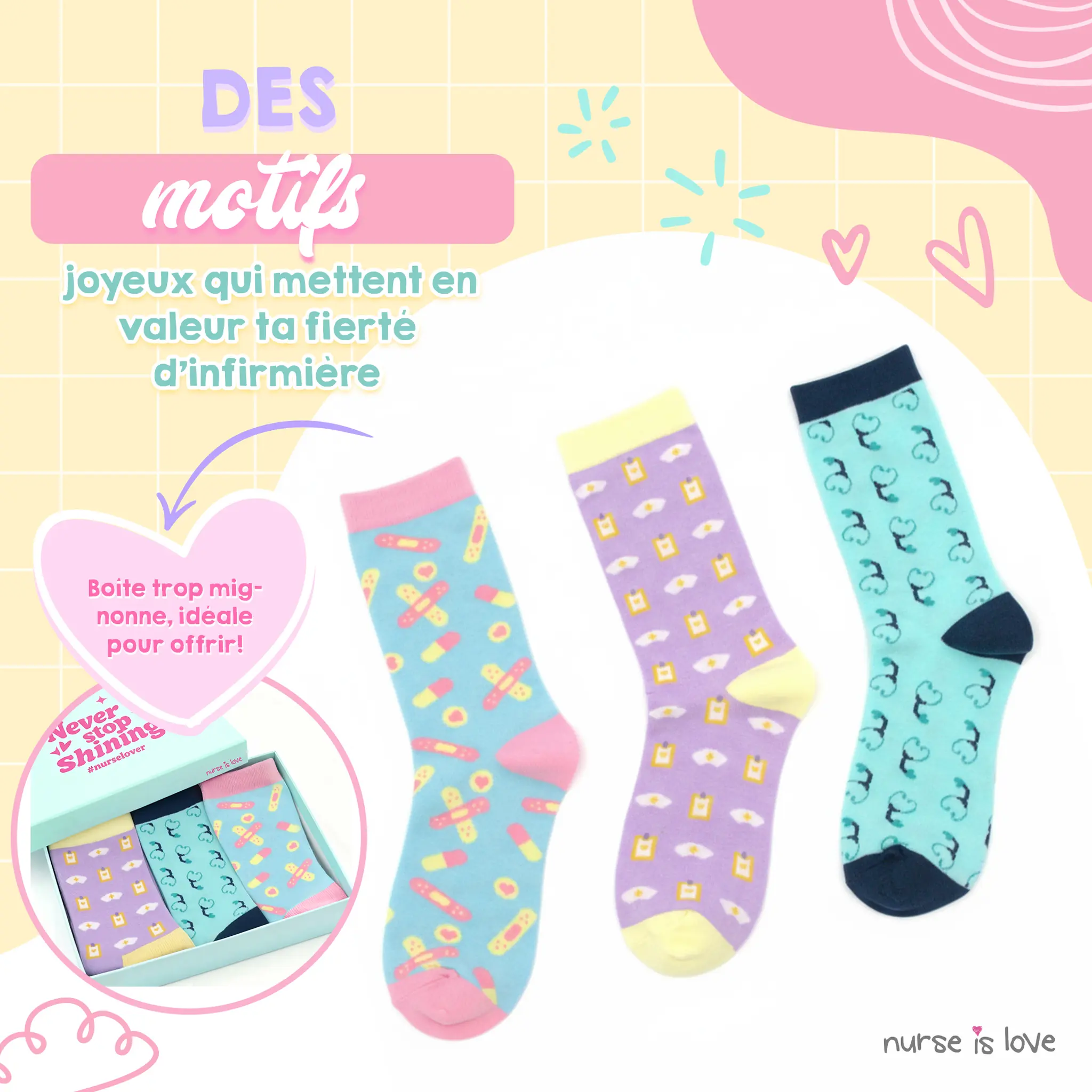 Chaussettes hautes pour infirmières à motifs (lot de 3)