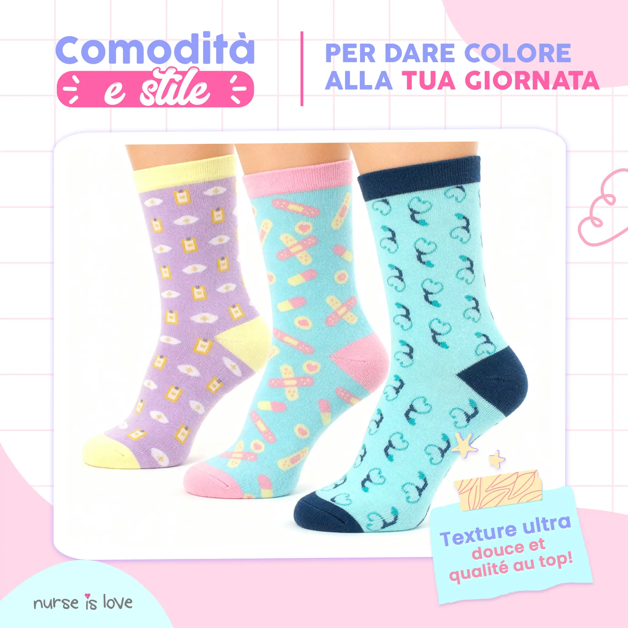 Calze Alte per Infermiere con Motivi (Set da 3)