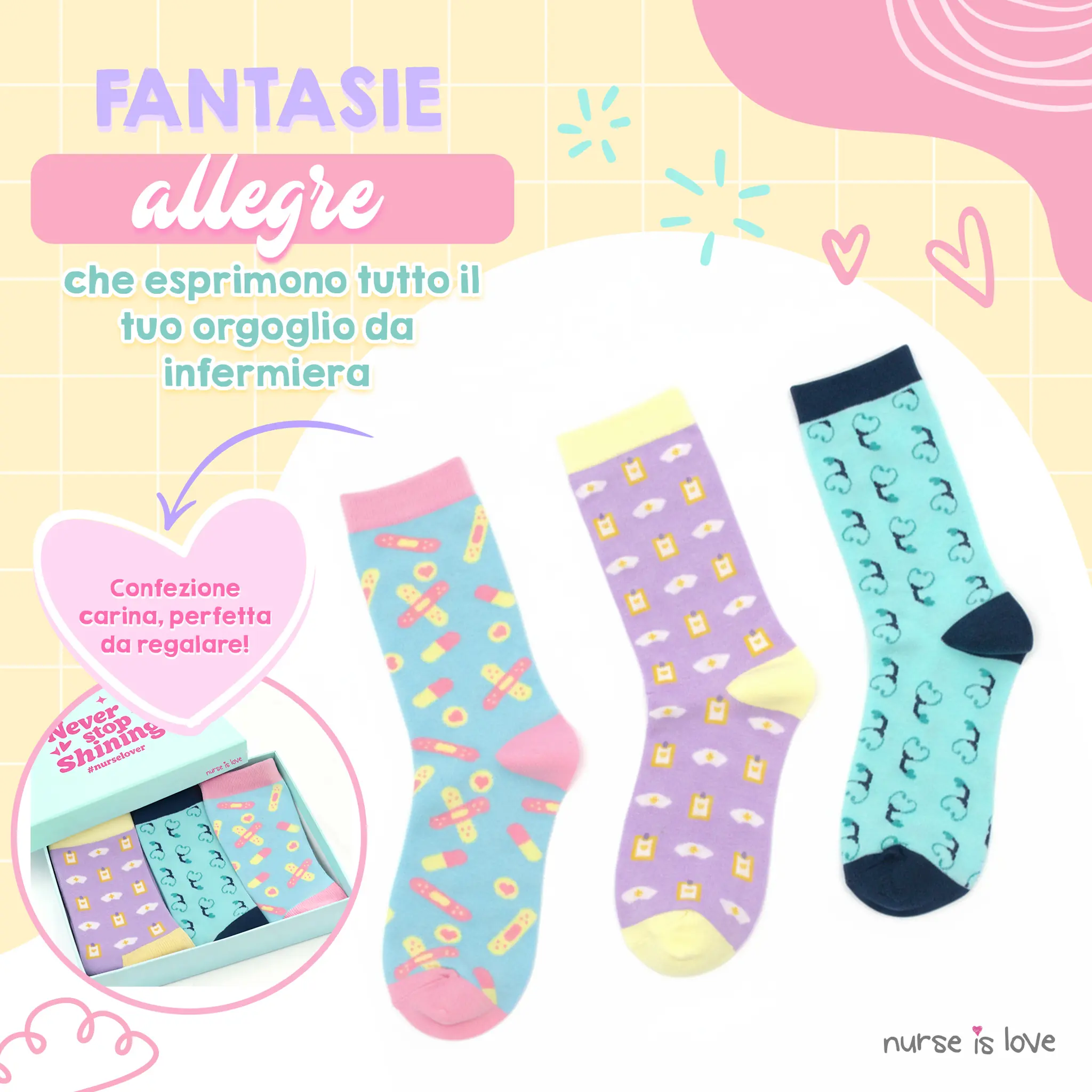 Calze Alte per Infermiere con Motivi (Set da 3)