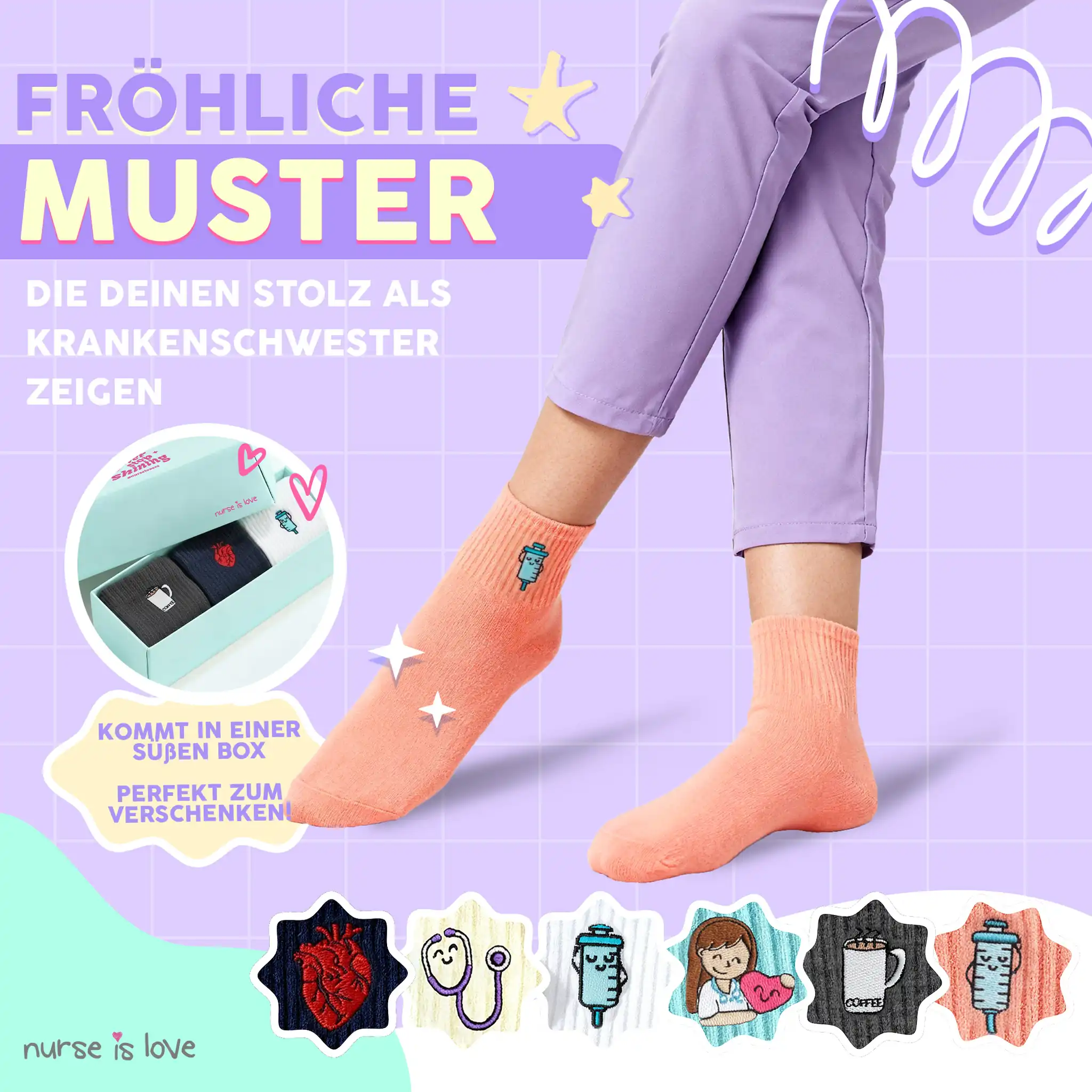 Krankenpflegesocken mit verschiedenen Designs Set mit 6 Paaren
