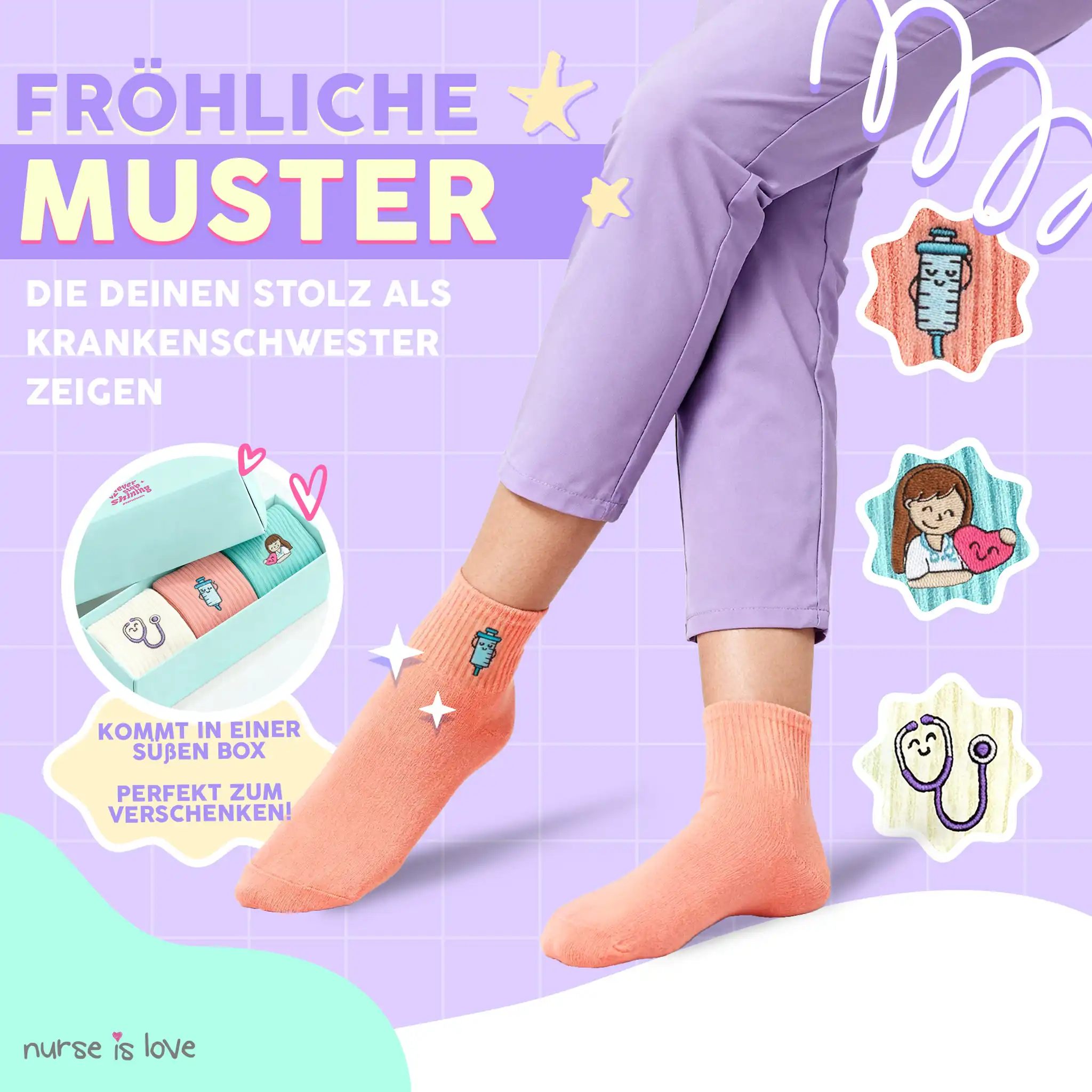 Bunte Krankenpflegesocken Set mit 3 Paaren